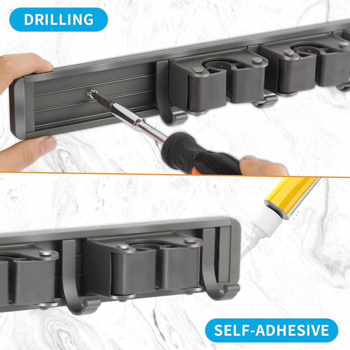 Broom Holder Wall Mount, Aluminum Mop and Broom Holder Hanger with 3 Racks and 4 Hooks, Mop Holder for Laundry Garage Tool Organization