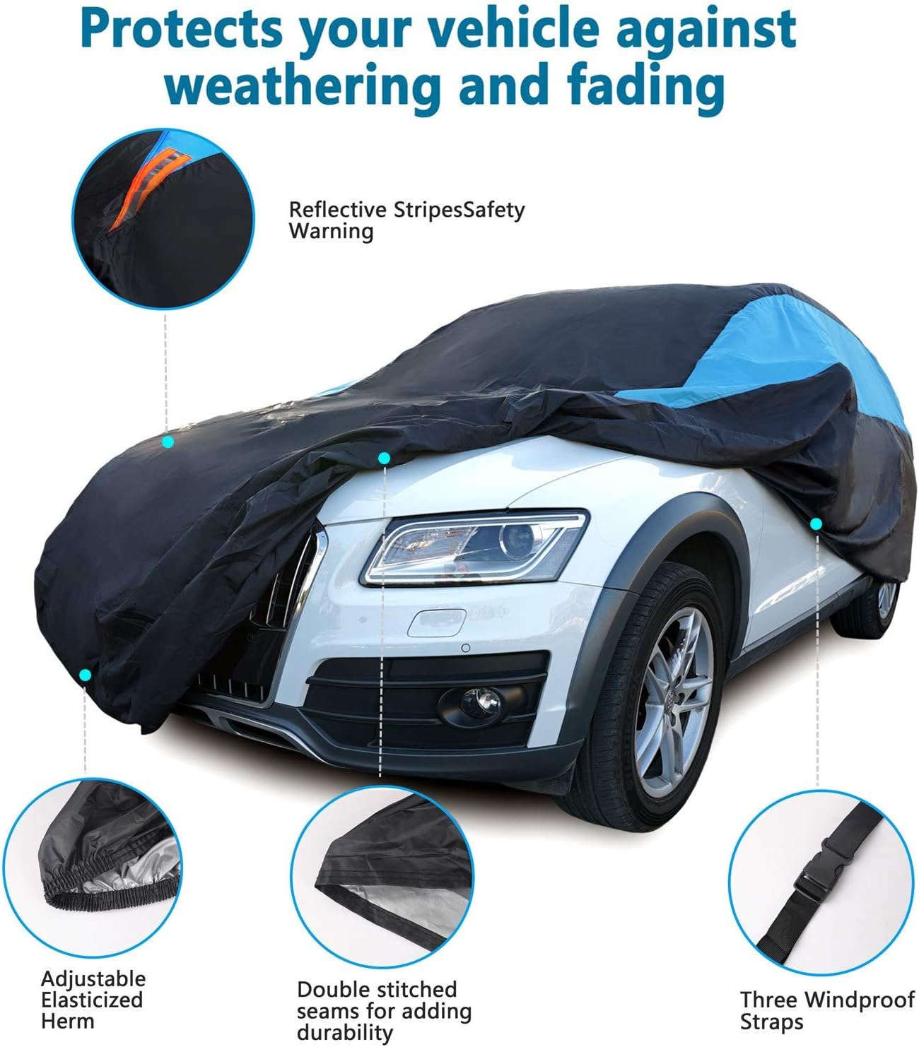 MORNYRAY Waterproof Car Cover All Weather Snowproof UV Protection Windproof Outdoor Full car Cover, Universal Fit for Sedan (Blue, S6-Fit SUV Length(222-240 inch))