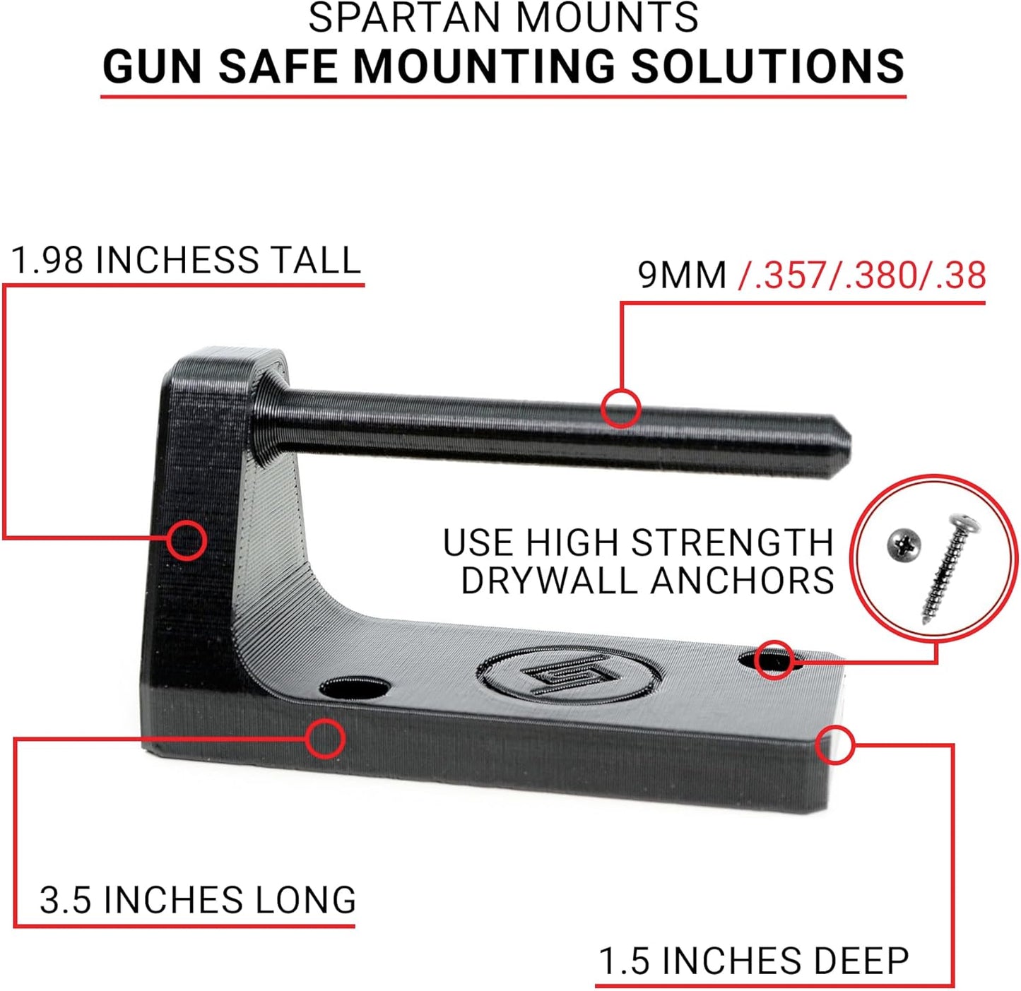 Spartan Mounts Universal Pistol Revolver Wall Mount | Display Hook Adapter Bore Mount Storage System for Gun Airsoft Pistol Revolver (9mm/.357/.380/.38)