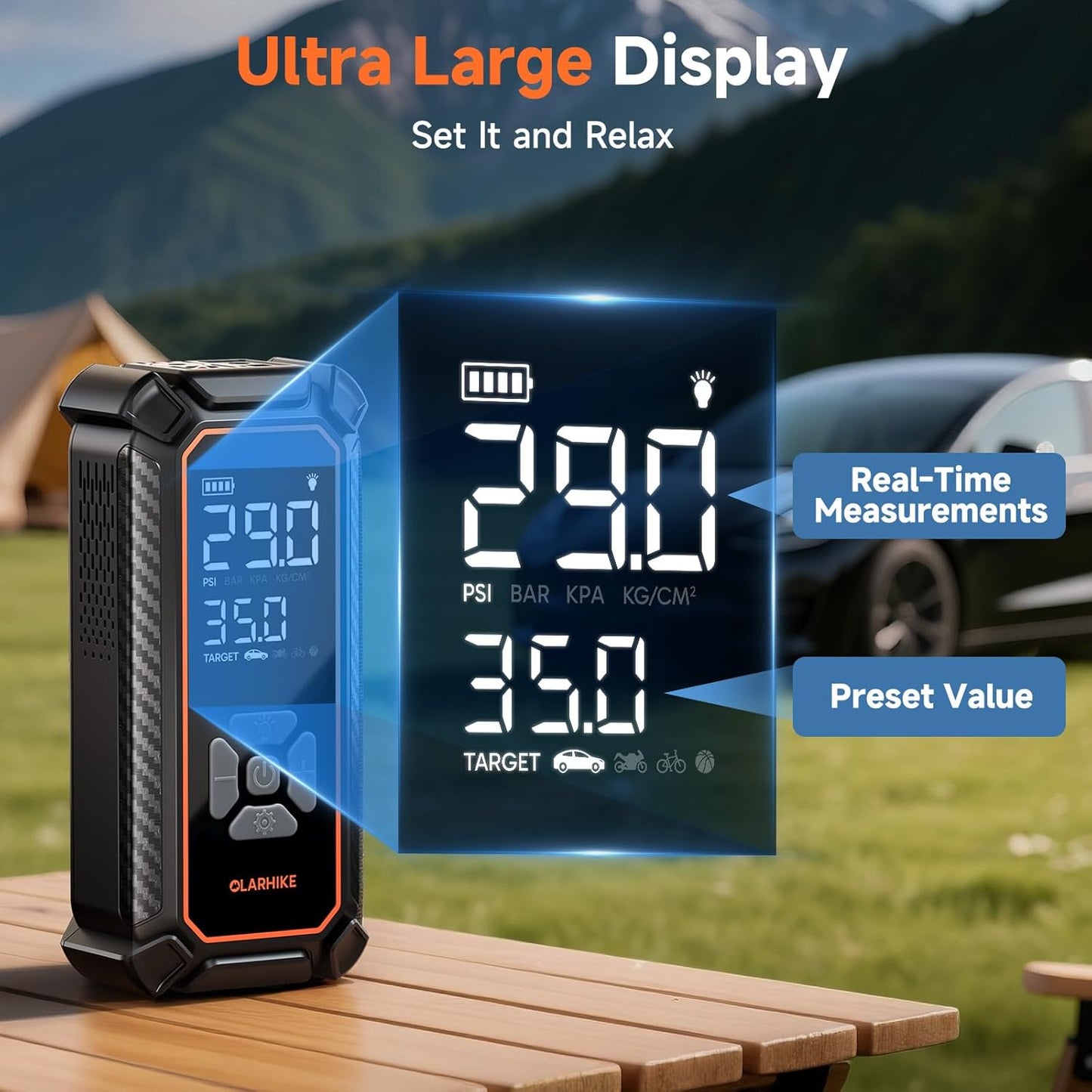 OlarHike Cordless Tire Inflator Portable Air Compressor, Ultra Fast Inflation, Air Pump for Car Tires, Pickup Truck, Motorcycle, Bicycle, Balls, Electric Pump with LED Light & Digital Pressure Gauge