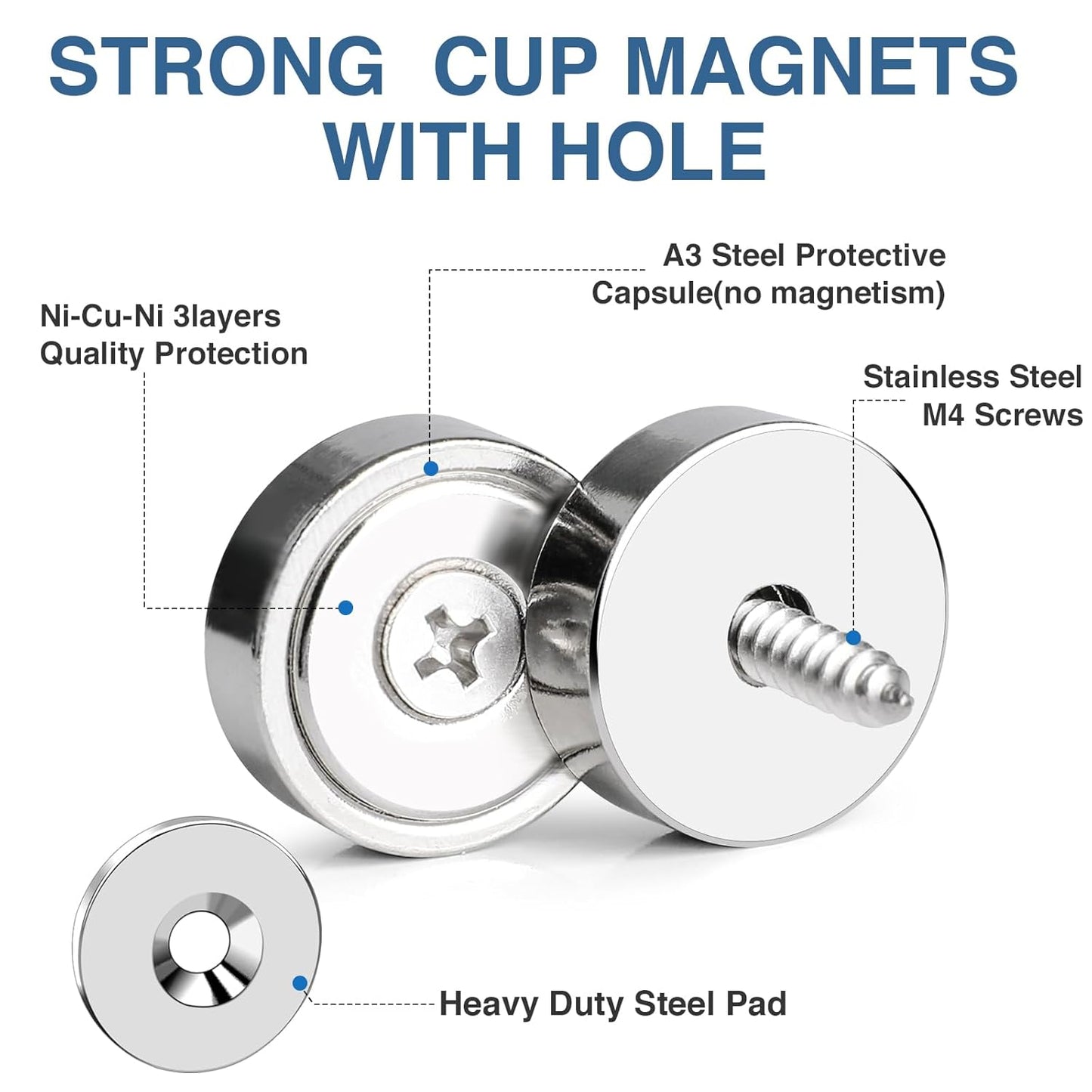 MIKEDE Round Magnets with Hole, 40LB Strong Rare Earth Magnets Heavy Duty for Wall Mounting, Neodymium Cup Magnet with Holes in The Center, Screws for Tool Room,Industrial - 10 Pack