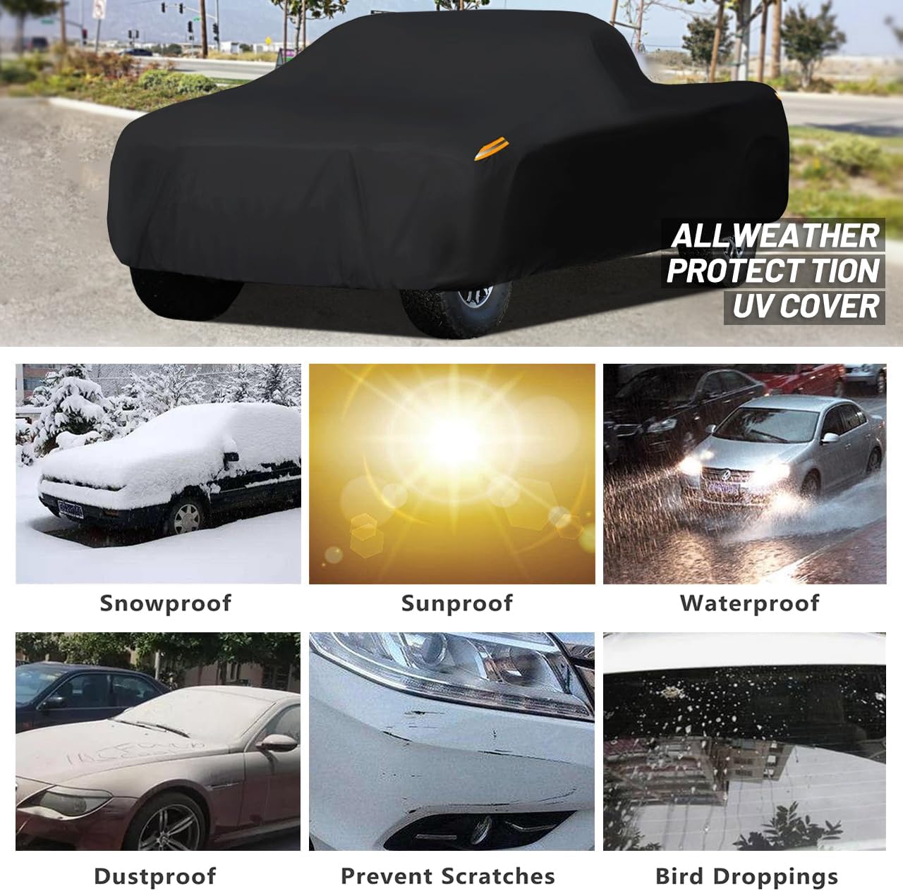 MORNYRAY Waterproof Car Cover All Weather Snowproof UV Protection Windproof Outdoor Full Truck Cover, Universal Fit for (All Black, Fit Truck Length 210-230 inch)