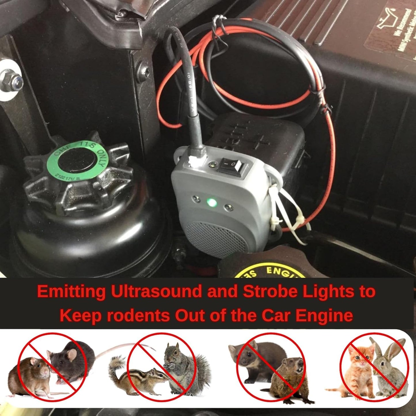 Rodent Repellent for Car Engine Under Hood Rodent Repeller with Strobe Lights Ultrasonic Mouse Repellent Mice Deterrent Squirrel Repeller RV Protection for 12V 24V Car Battery 1 Pack