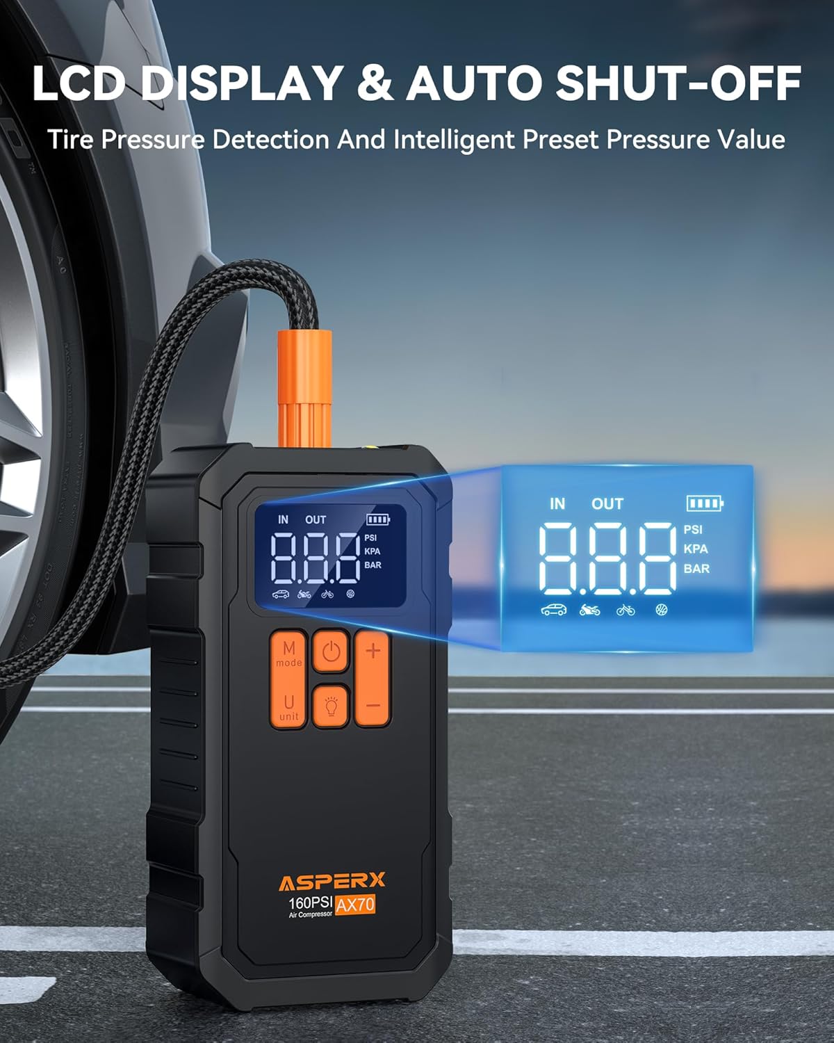 Tire Inflator Portable Air Compressor- 160PSI & 10000mAh Portable Air Pump with Carrying Case, LCD Display & LED Light, 3X Fast Inflation for Car, Bike, Motorcycle, Balls and more(Black)