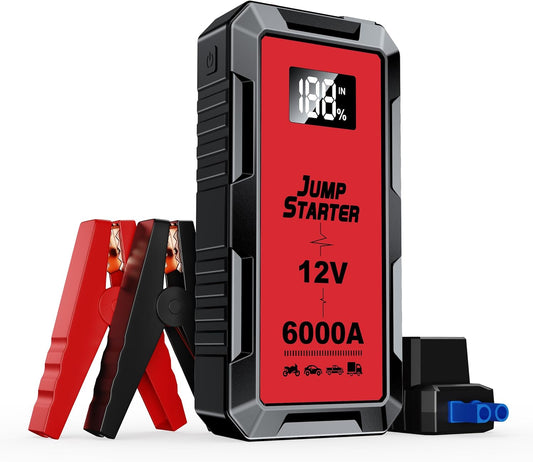 Car Battery Jump Starter with 6000A Peak Smart Clip LCD Display and 3 Modes Flashlight for Up to All Gas and 10.0L Diesel Engine 12V Auto Battery Booster Jumper Cables Portable Lithium Jump Box