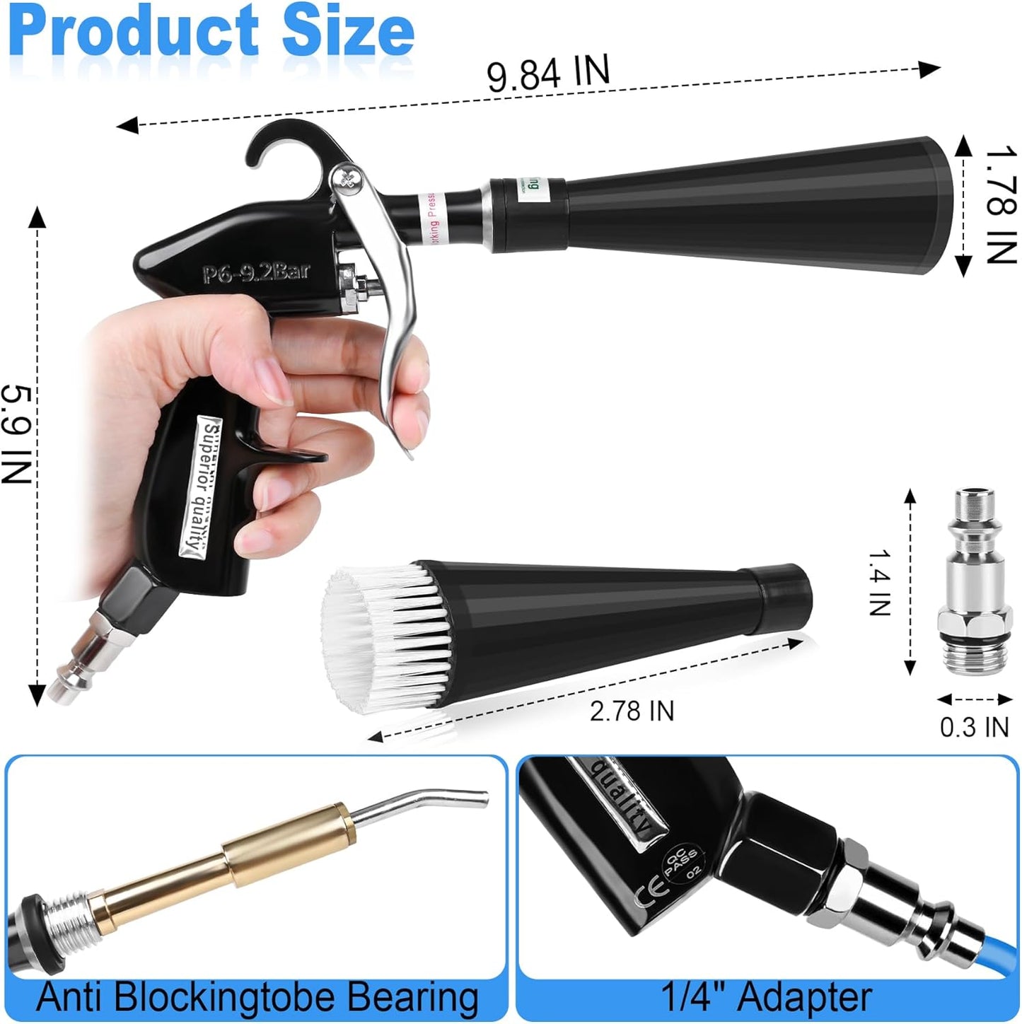 Air Blow Gun Car Detailing Dry Cleaning Gun High Pressure Cleaning Tool, Dryer Blower for Car Surfaces Quickly Blasts Dust, Works with Air Compressor (Black, 2 Set Nozzle)