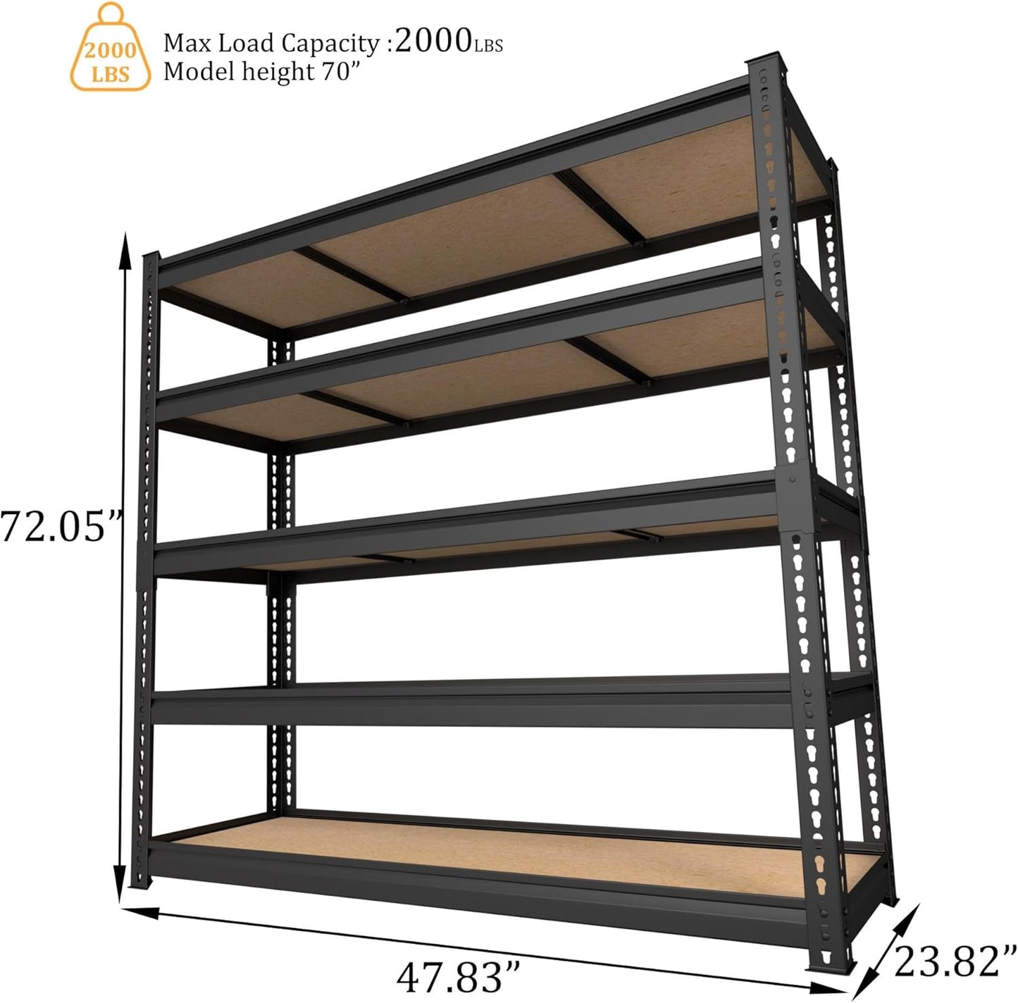 MUPATER 47.83" W x 23.82" D x 72.05" H Metal Storage Shelf, 5 Tier Adjustable Garage Shelving Unit, Standing Utility Rack for Warehouse Kitchen