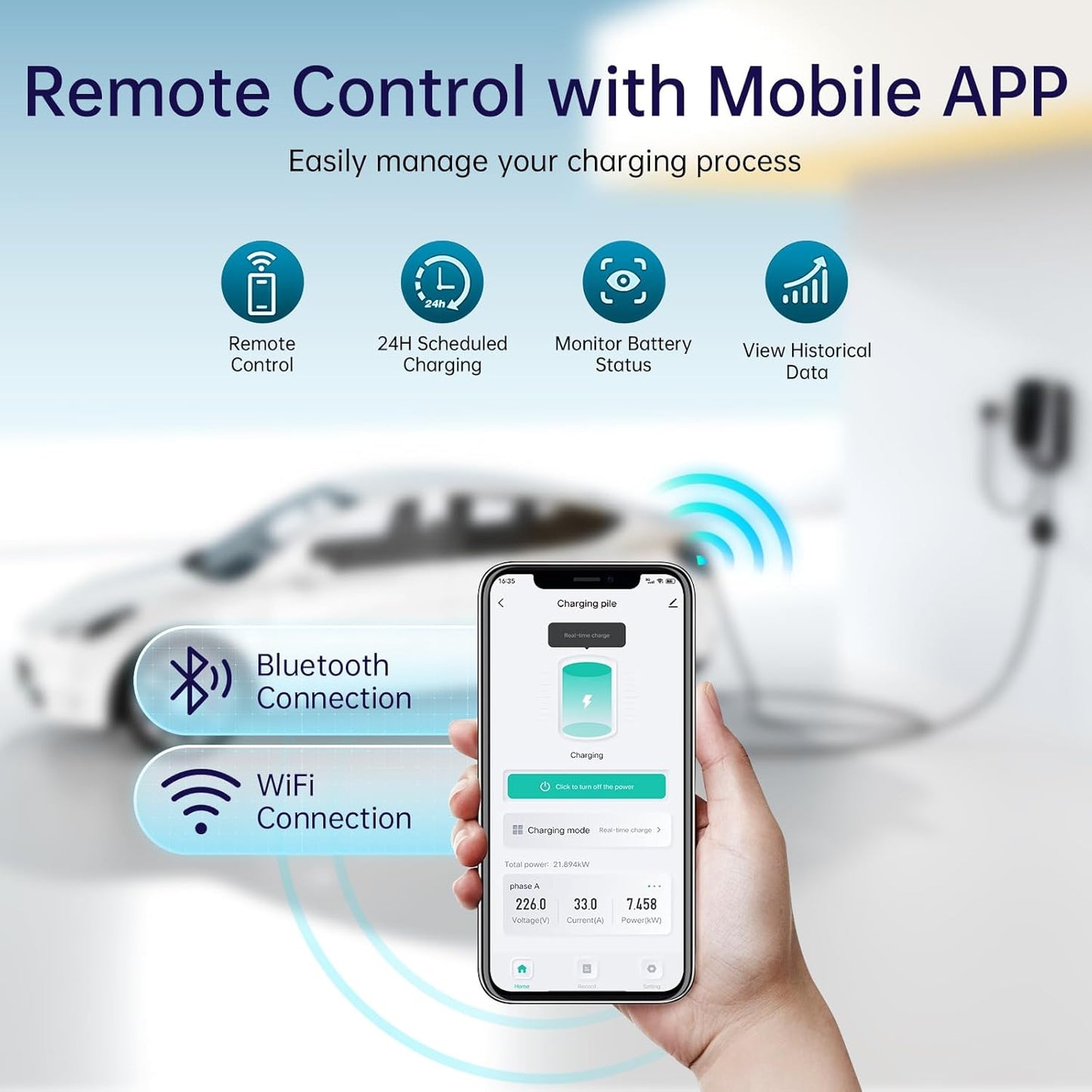 QIAO Level 2 EV Charger, Up to 40A Electric Car Charger, Wi-Fi Bluetooth APP Enabled EVSE, 4.3in Display, 25ft Cable, NEMA 14-50 Plug Charge Station Compatible with All SAE J1772 EV Models White