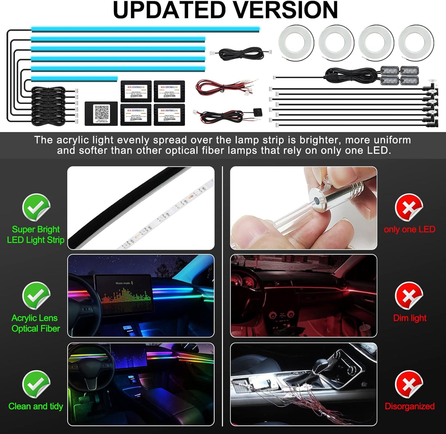 Acrylic Interior Car LED Strip Light with Wireless APP, RGB 22 in 1 with 175 inches 593 LEDs Fiber Optic Ambient Lighting Kits, 16 Million Colors Sound Active Function Car Neon Lights