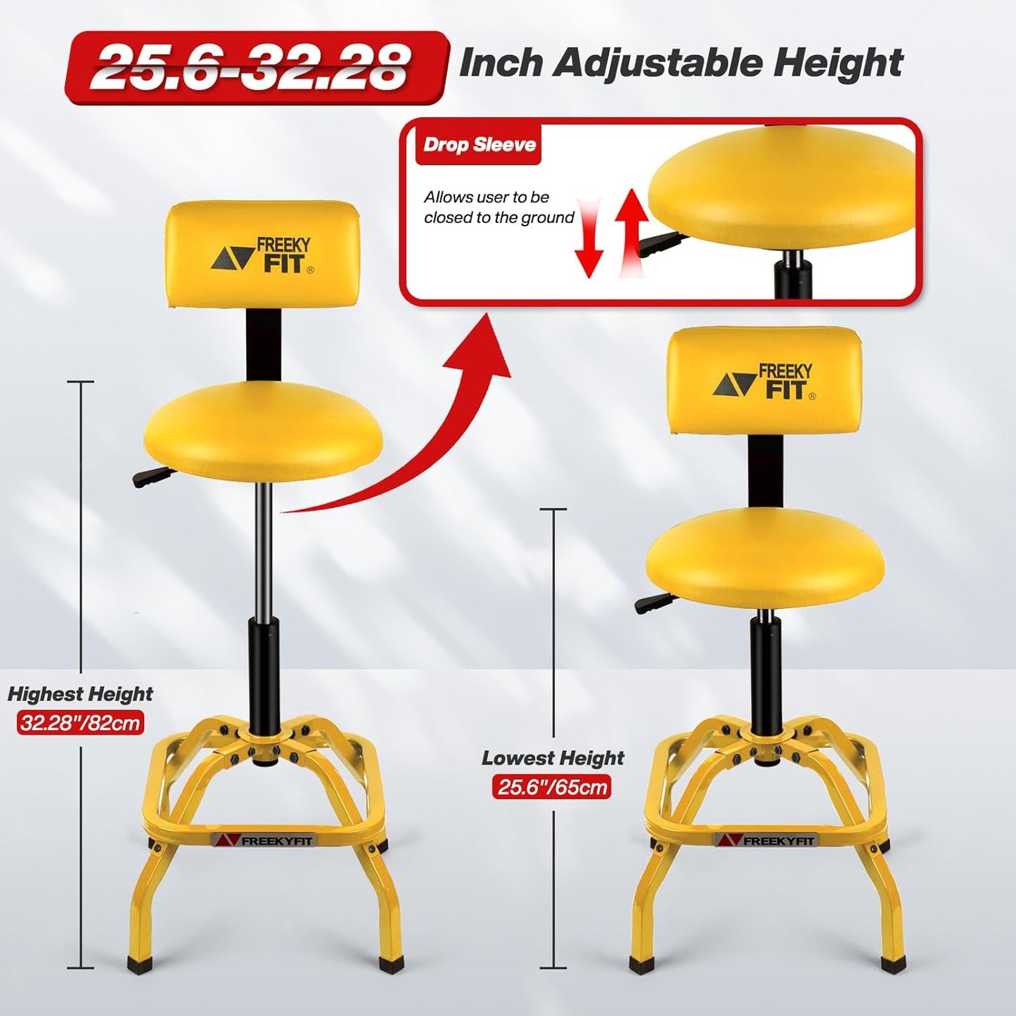 Shop Stool with Backrest, Mechanic Garage Stool for Workshop, Adjustable Shop Stools Chair, Padded Workbench Stools for Men Women, 300 LBS Capacity, 360° Swivel PVC Seat, Heavy Duty, Yellow
