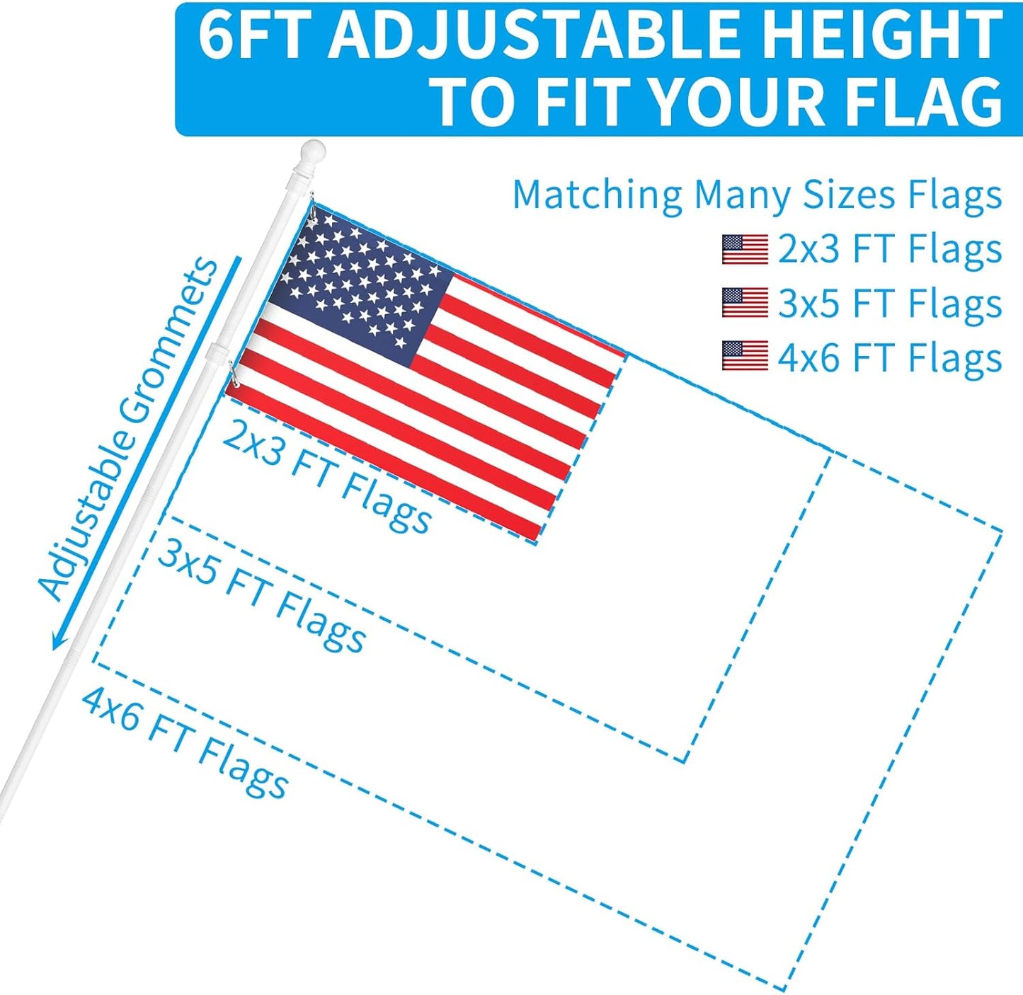 ZMTECH Flag Pole - Upgraded Bracket, 6 FT Stainless Steel Flag Poles for Outside House, Residential or Commerical, Tangle Free Flag Pole Kit for American Flag (Without Flag, White)