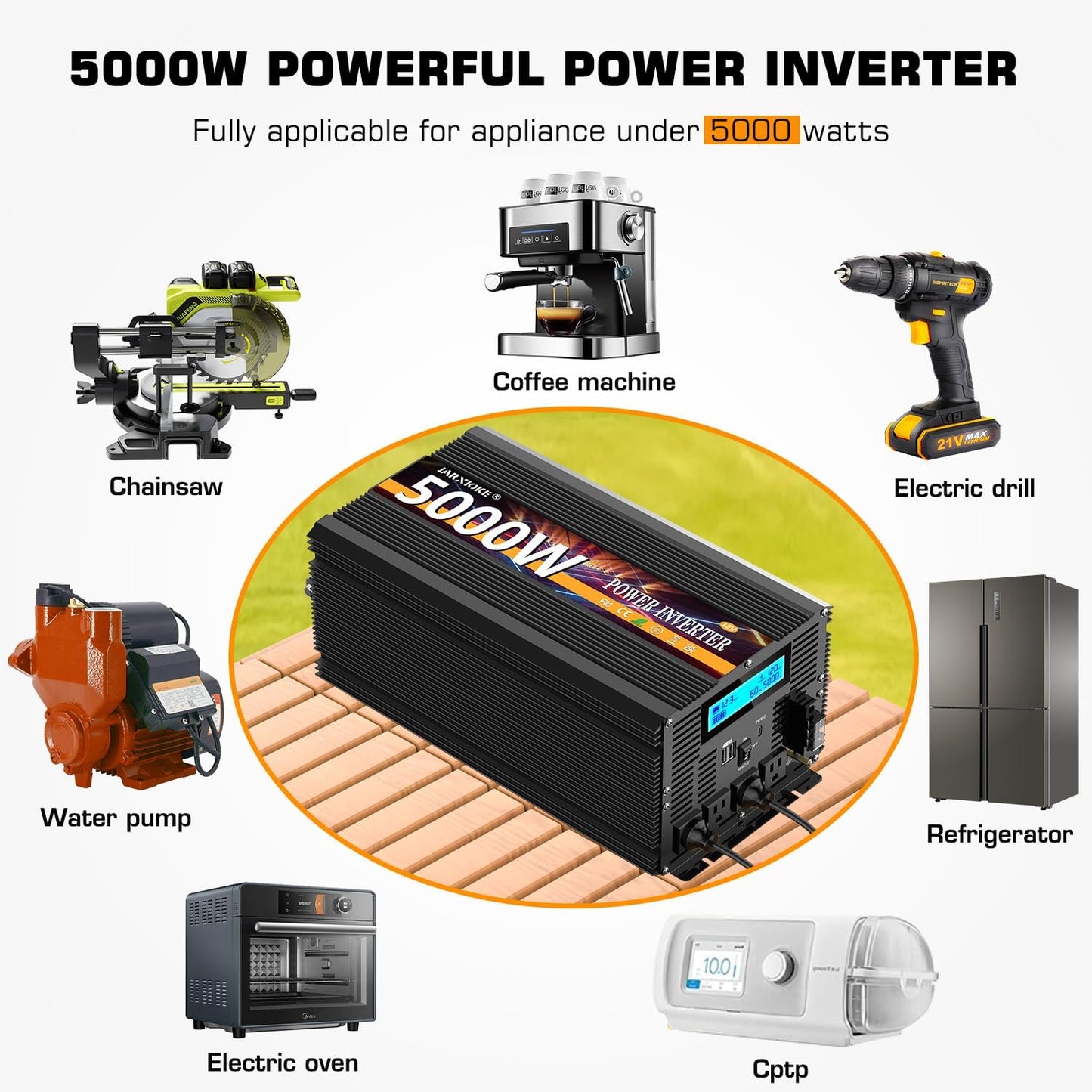 5000 Watt Power Inverter 12V DC to 110V 120V Converter for Family RV Off Grid Solar System Car with Type-C Ports 3 AC Power Outlets Dual USB Ports LCD Display Wireless Remote Control