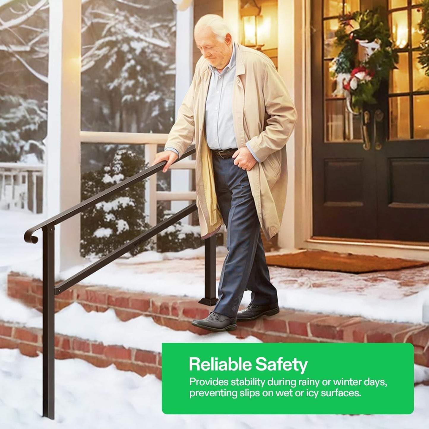 VIVOSUN Outdoor Handrail, 54" x 36" Fits 1-4 Steps, Wrought Iron Stair Railing with Curved Ends, One-Step Assembly, Black