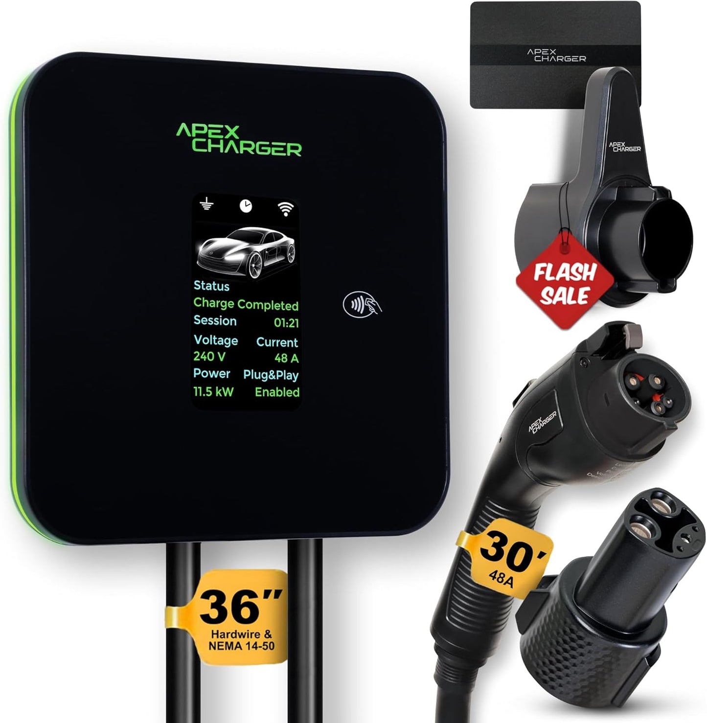 MACH 2:Fast Level 2 EV Charger 48 amp Garage-pro Wall-Mount. Electric Vehicle Charging Station 4 Nema 14-50 Outlet. J1772 car Connector. Key Accessories: 30ft Cable & Tesla NACS evse Portable Adapter