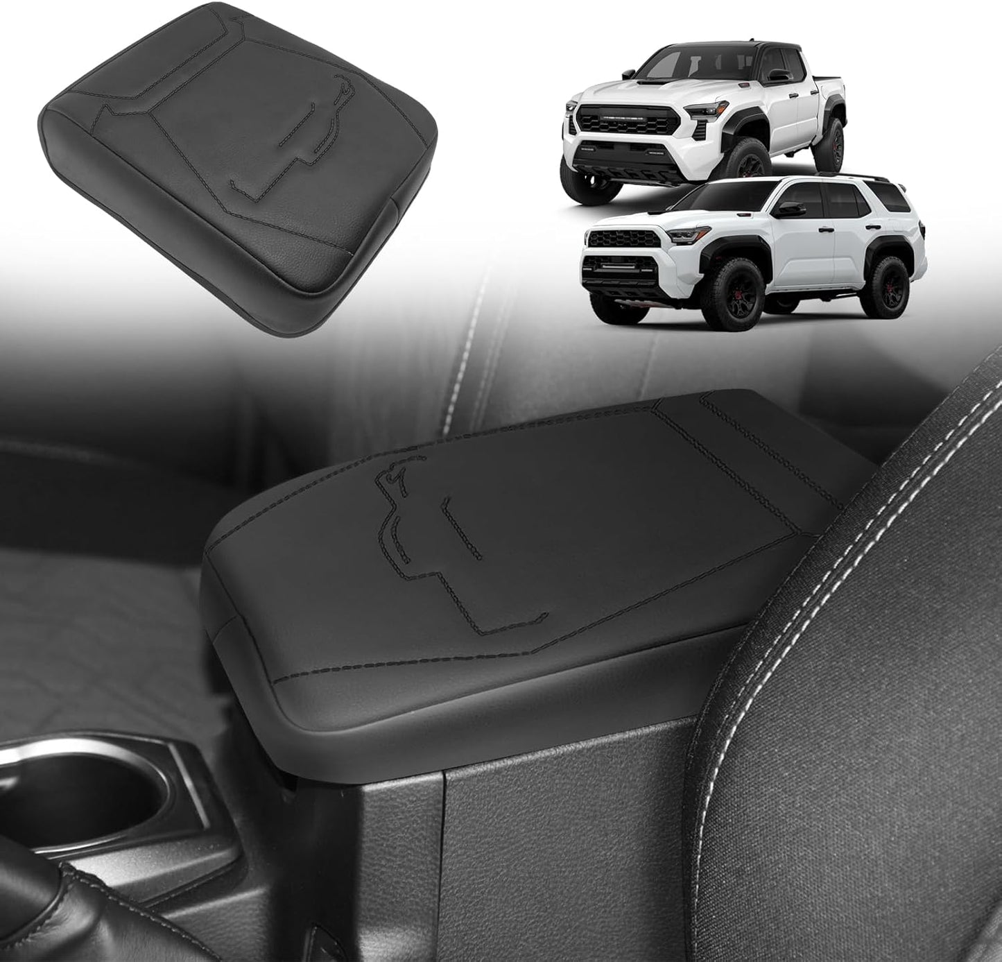 Muslogy Center Console Armrest Cover Compatible with 2024 Toyota Tacoma 2025+ 4Runner Accessories Armrest Lid Protector Vegan Leather Cushion Regular Thick(Black/Black Stitching)