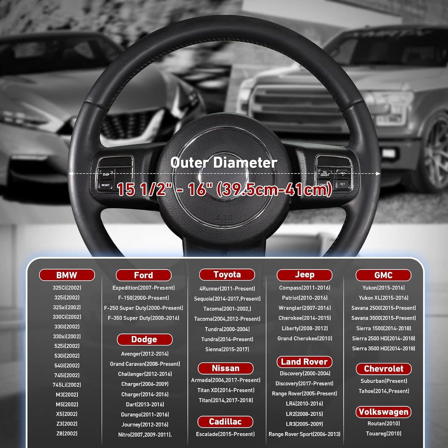 SEG Direct Car Steering Wheel Cover for F-150 Tundra Range Rover Large Size 15.5-16 inch (39.5-41cm) Black Breathable Microfiber Leather