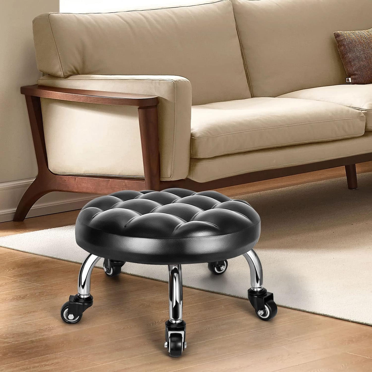 Low Rolling Stool, Low Stool with Wheels, PU Leather Low Roller Seat Stool Chair, Rolling Seat Stool for Home Office Garage Shop (Style 1)
