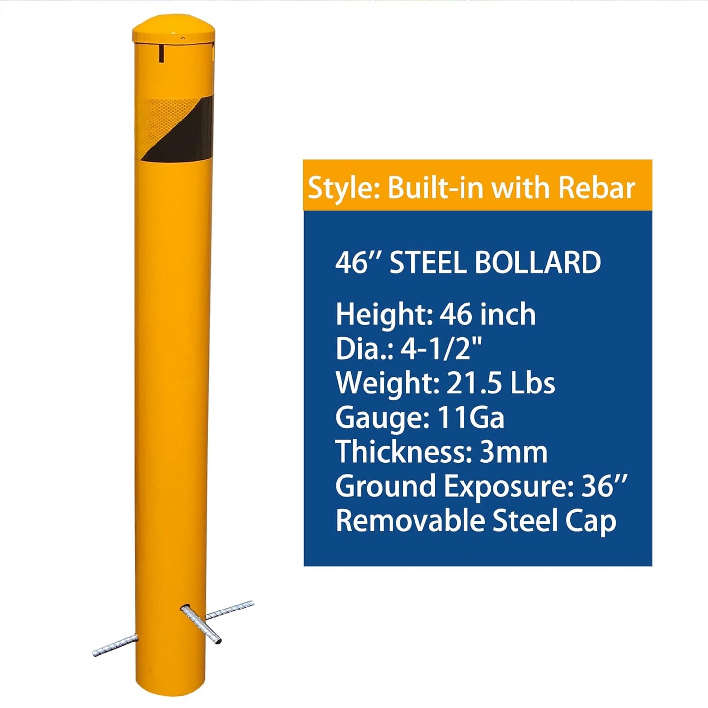 46" High Pour in Place Steel Bollard Post with Removable Cap, 4-1/2" OD Safety Bollard Yellow Powder Coat, Metal Bollard Parking, Door Front Barrier