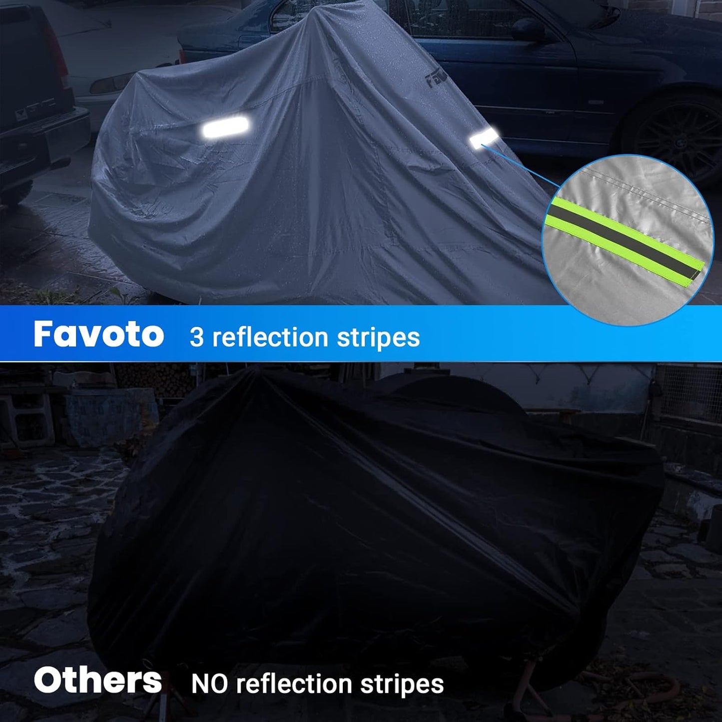 Favoto Motorcycle Cover Waterproof Outdoor - Cool Silver Color UV Protection with Reflective Strip Windproof Buckle Lock-Hole Storage Bag Fit 104 inch Vehicle Motorbikes