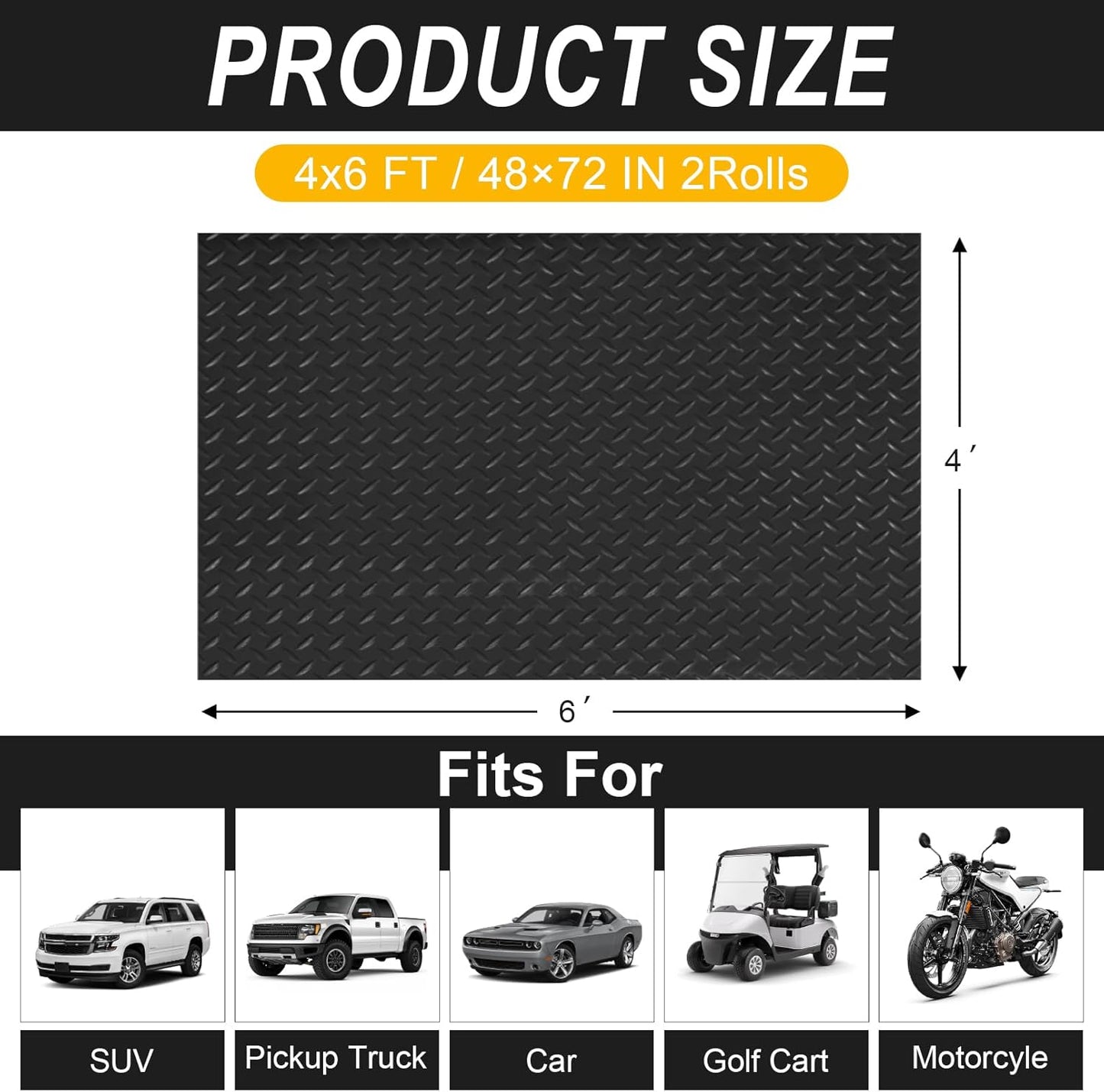 4x6 FT Garage Floor Mat, 2 Rolls 2.8mm Thickened Flooring Roll 48 sqft Diamond Plate PVC Rubber Trailer Mat, Non-Slip Floor Mat for Garage, Motorcycle, Trailer, Pickup Truck, Black