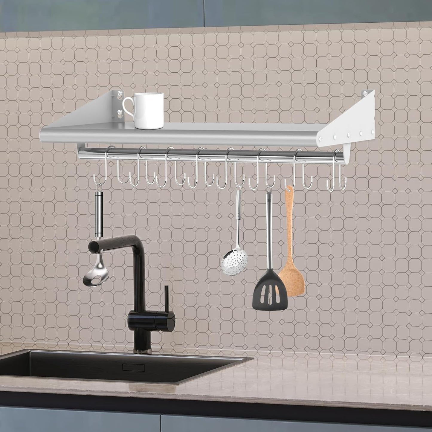 Skyflame Stainless Steel Floating Shelving with 8 Hooks, 12” x 48” Wall Mounted Commercial Shelves for Restaurant, Kitchen, Home, Hotel and Bar