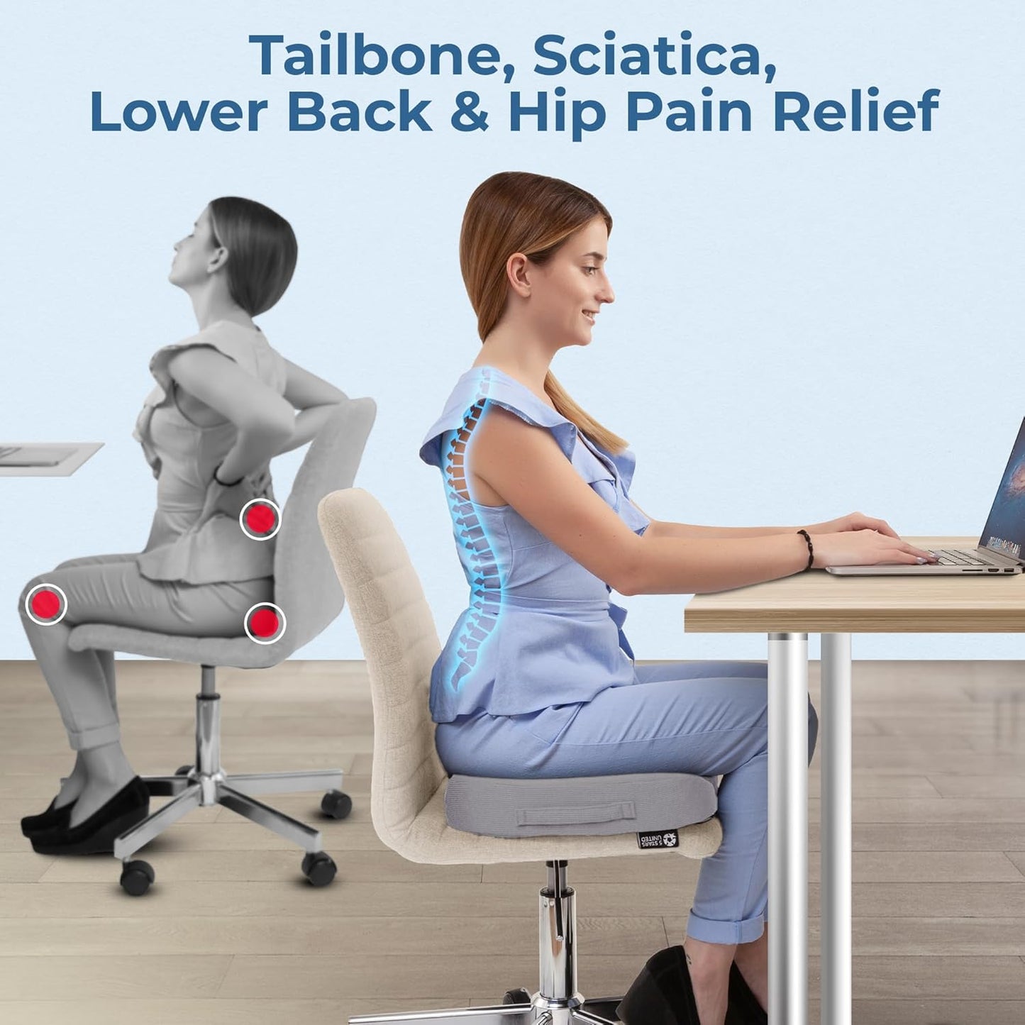 5 STARS UNITED Seat Cushion for Tailbone Pain Relief – Large Memory Foam Lifting Pillow for Coccyx, Hip, Sciatica & Post-Surgery Recovery – Wheelchair, Car, Desk, Gaming & Office Chairs, Light Gray