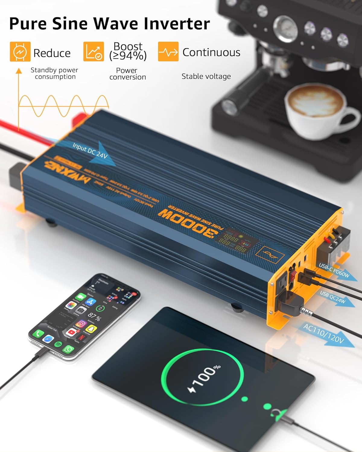 3000W Pure Sine Wave Power Inverter DC 24V to 110V 120V AC with 4 Quick Charging USB Ports& Dual AC Outlets Power Inverters for Vehicles RV Truck Home with LCD Display and Remote Controller