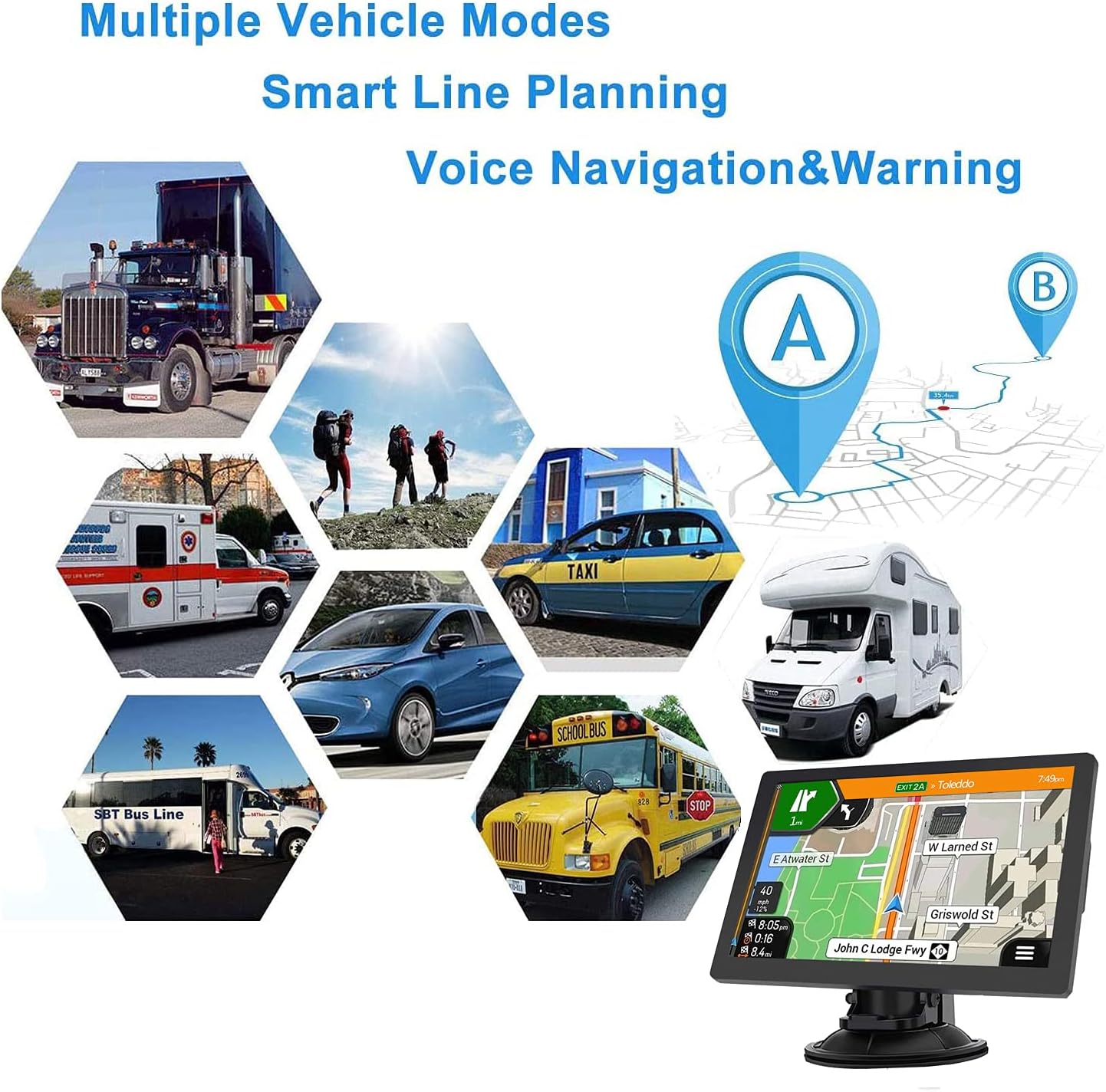 GPS Navigator for Car Truck RV – 9'' HD Touchscreen, Latest 2025 Map with Custom Truck Routing, Lane Guidance, Turn-by-Turn Voice Directions, Speed & Red Light Alerts, Free Lifetime Updates