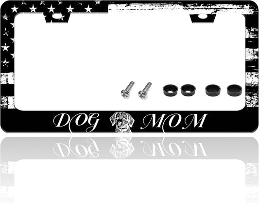 Dog Mom License Plate Frame Vintage American Flag Animal License Plate Holder for Front or Rear Car Tags Reusable Durable Stainless Steel Car Funny Decoration with Screws 6.3 X 12.2 in for Men Women