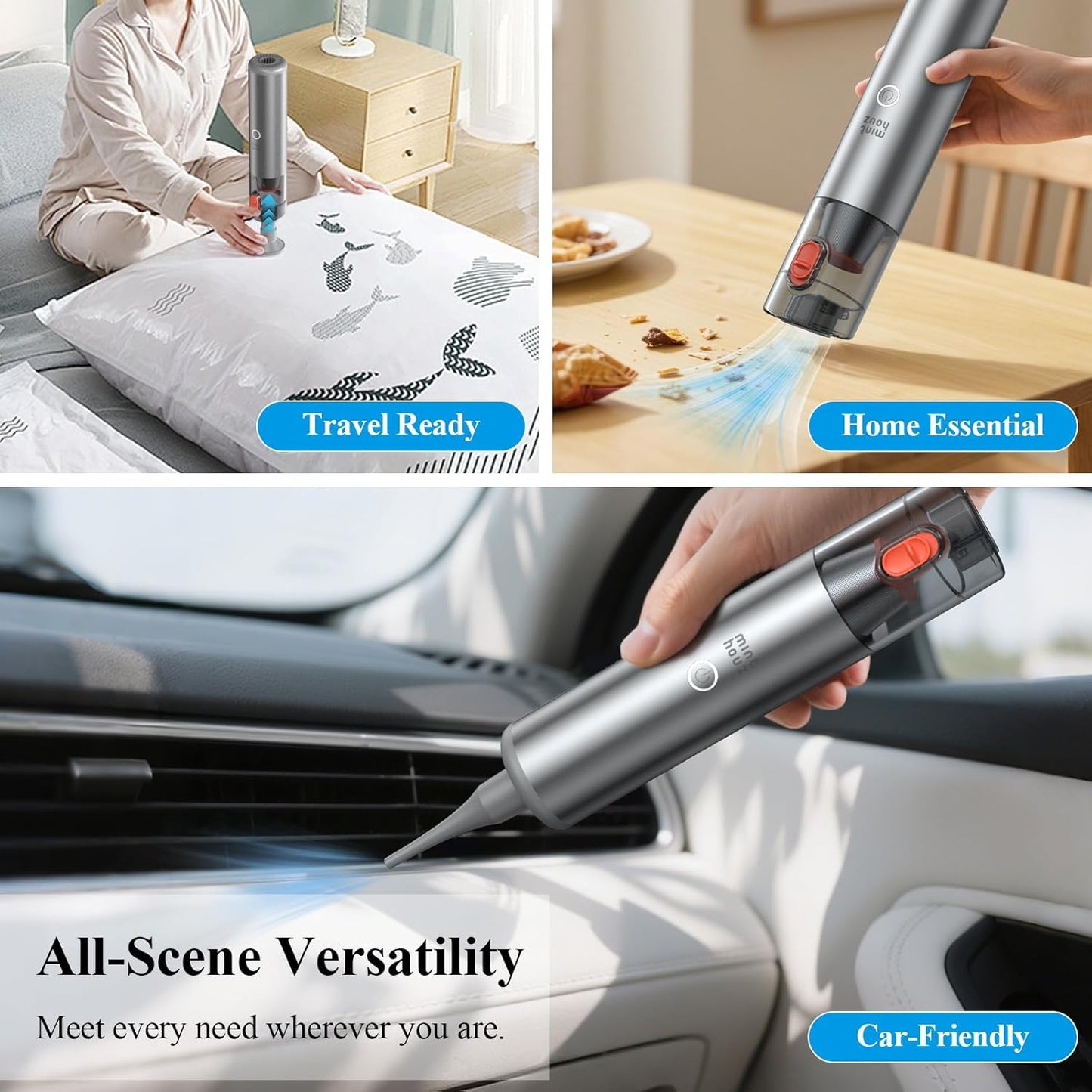 Minthouz Car Vacuum Portable Cordless, 3-in-1 Mini Handheld Vacuum, Strong Suction Combining Vacuuming, Blowing, and Pumping, HEPA Filters, Lightweight for Car, Home, Office Desk, Keyboards