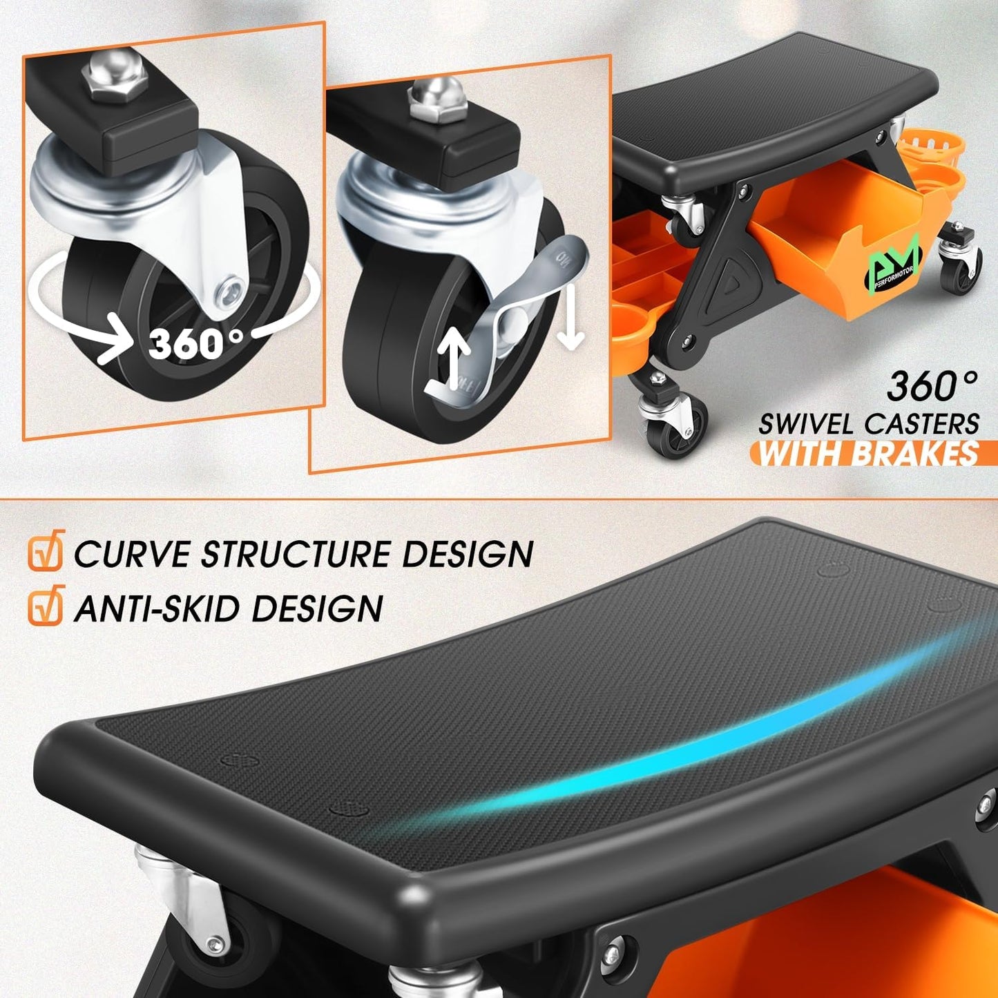 PM PERFORMOTOR Mechanic Stool - 25-1/2" x 13" x 12" (L x H x W), Rolling Work Seat w/Lockable Swivel Wheels and Storage Tool Tray, Orange,PM-TOL-CRS-OG