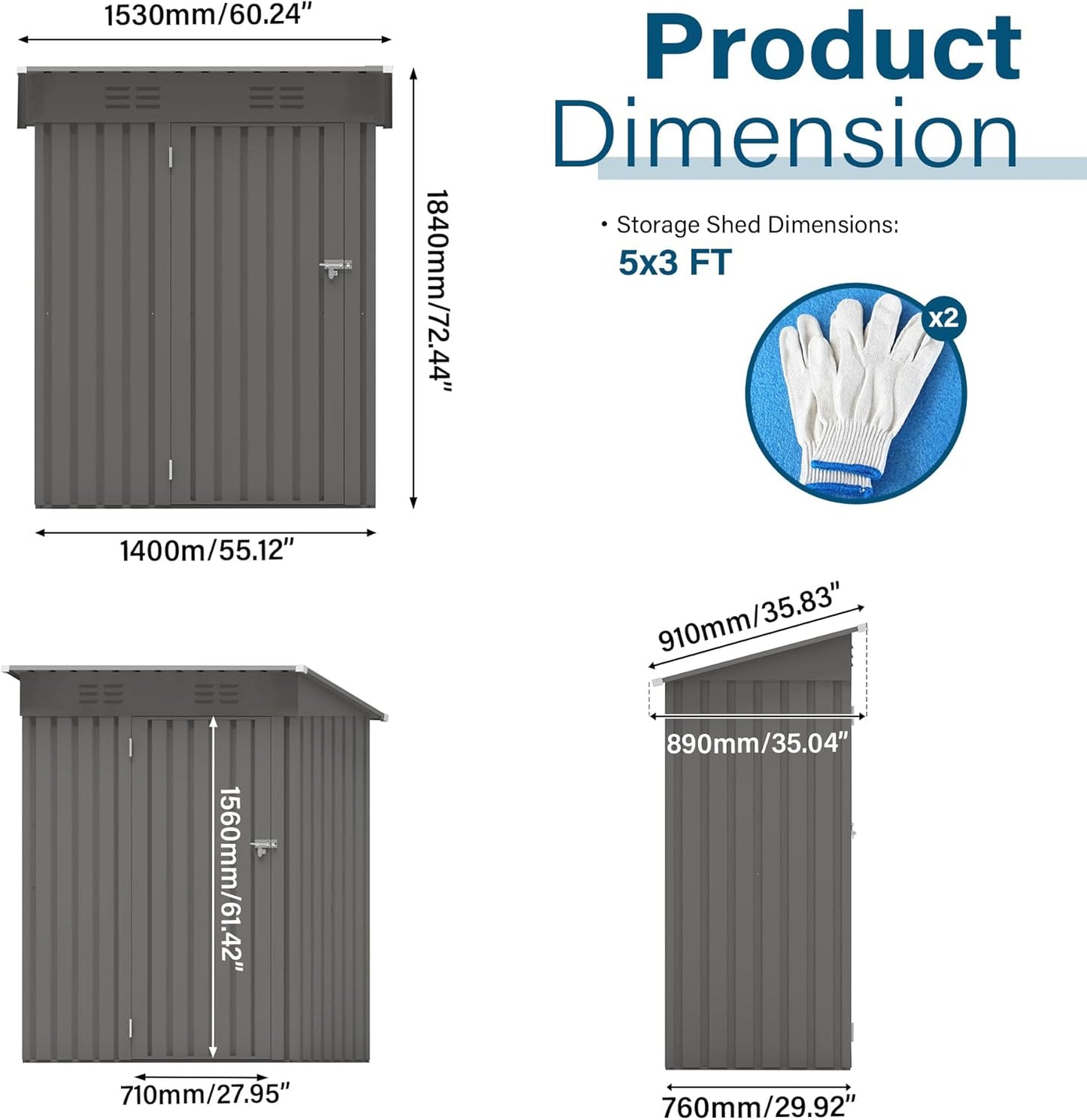 5X3 FT Metal Outdoor Storage Shed, Waterproof Tool House with Pitched Roof and Lockable Door, Weather-Resistant Garden Sheds for Backyard, Patio, Sundries and Bike Storage, Gray