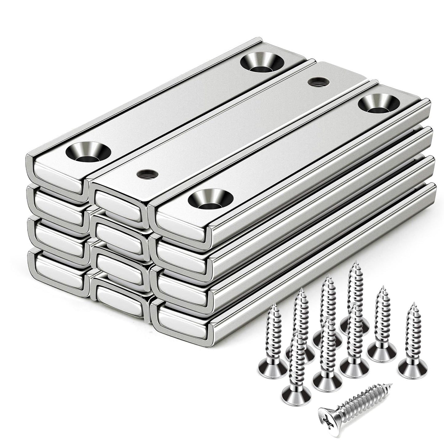MIKEDE Strong Magnets Bar, 70LB Neodymium Rare Earth Magnet Heavy Duty, 12 Pack Rectangular Magnet with Countersunk Hole and Steel Capsule, Mounting Strips for Home, Garage - 60x13.5x5mm