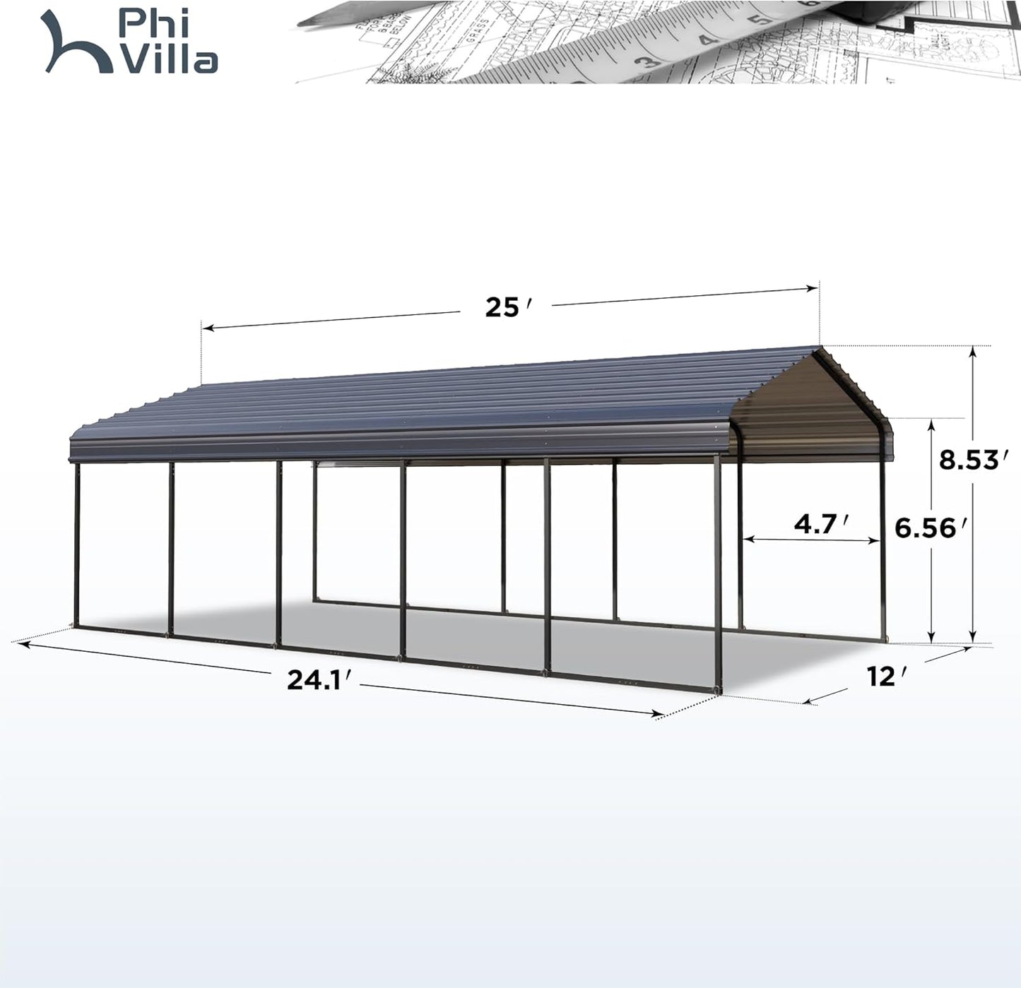 PHI VILLA Outdoor Carport Canopy 12' x 25', Metal Carport Tent Heavy Duty, Garage Car Shelter Shade with Metal Roof, Frame and Bolts for Car, Truck and Boat