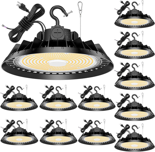 12Pack LED High Bay Lights, 150W UFO High Bay LED Shop Lights, 22500LM Adjustable CCT(5700K 5000K 4500K) & Power(150W 120W 80W), 0-10V Dimmable, 5' Cable Plug, IP65 Waterproof, ETL & DLC Listed