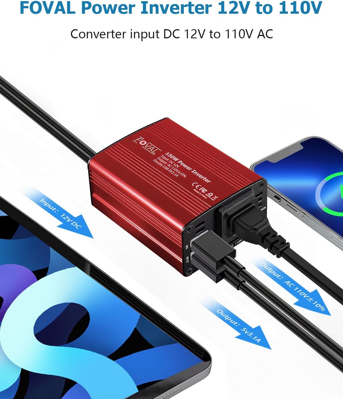 FOVAL 150W Car Power Inverter 12V DC to 110V AC Converter Vehicle Adapter Plug Outlet with 3.1A Dual USB Car Charger for Laptop Computer (Classic Red)