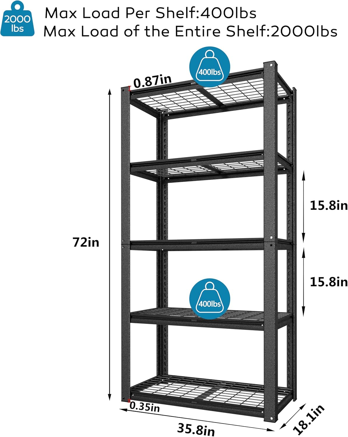 MUPATER 35.8" W x 18.1" D x 72" H Metal Storage Shelves, Standing Utility Shelf Racks, Garage Shelving Unit, 5 Tier Shelves and Adjustable Shelves for Kitchen Warehouse Garage