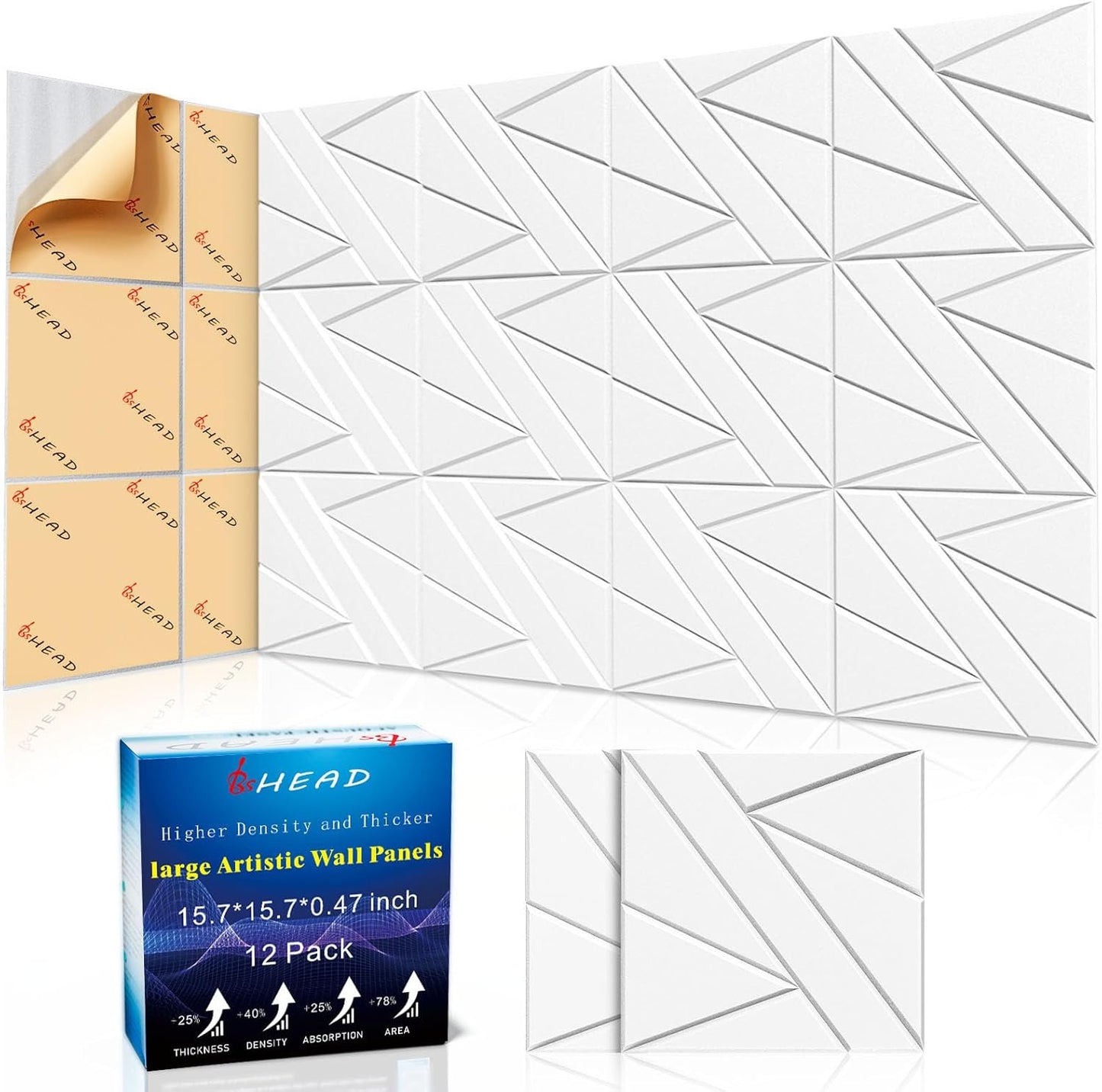 12 Pack Large Self-Adhesive Soundproof Wall Panels, 15.7 x 15.7 x 0.47 in Sound Proof Foam Panels for Walls, 1.2lb/ft³ High Density,Large Size Acoustic Panels, Sound Dampening Panels White