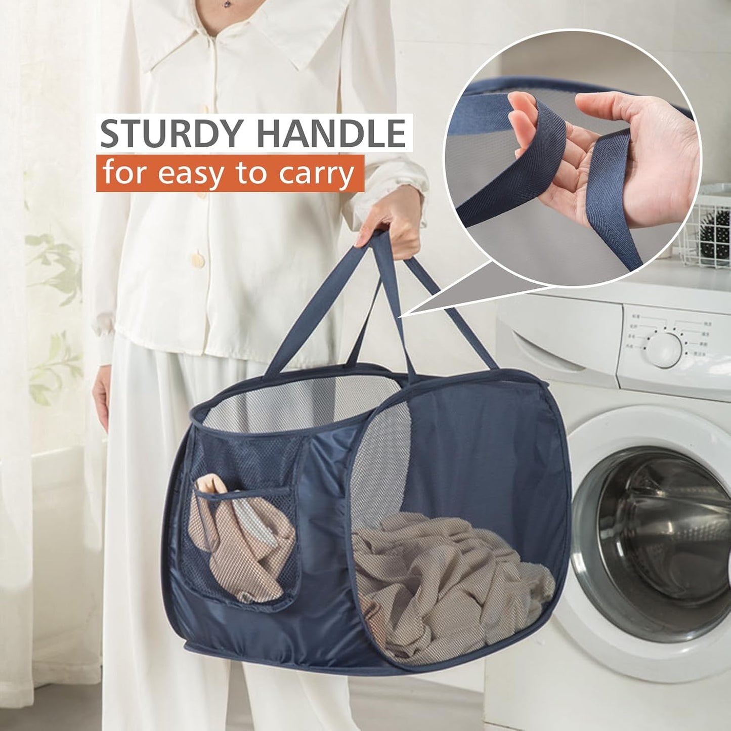 Sturdy Mesh Laundry Hamper Basket Bag,Pop up Basket with Side Pocket for Laundry Room, Bathroom, Kids Room, College Dorm or Travel (Pop Horizontal, Grey + Grey)