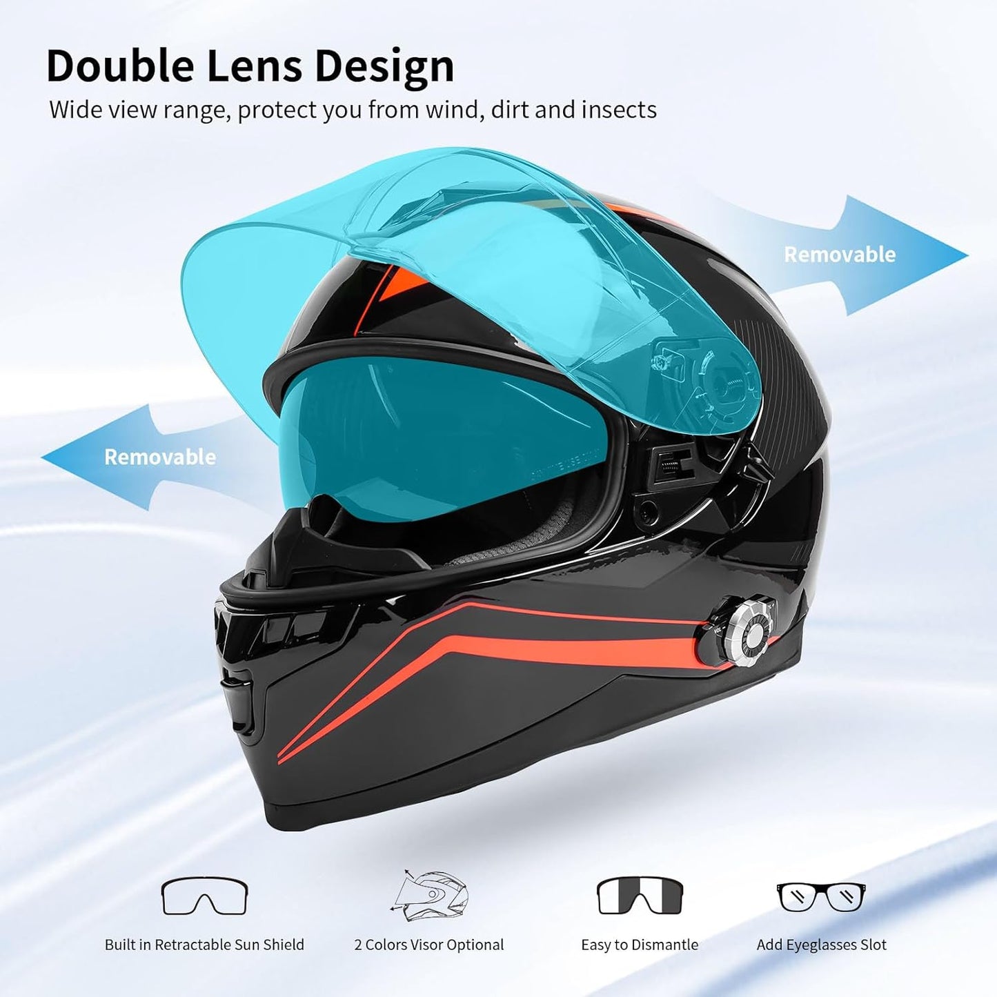Full Face FreedConn Motorcycle Helmet Bluetooth 5.0 Integrated 2 Way Intercom DOT FMVSS-218 Rated Motorbike Helmet Communication with Dual Visor MP3 for Men Women New EPS
