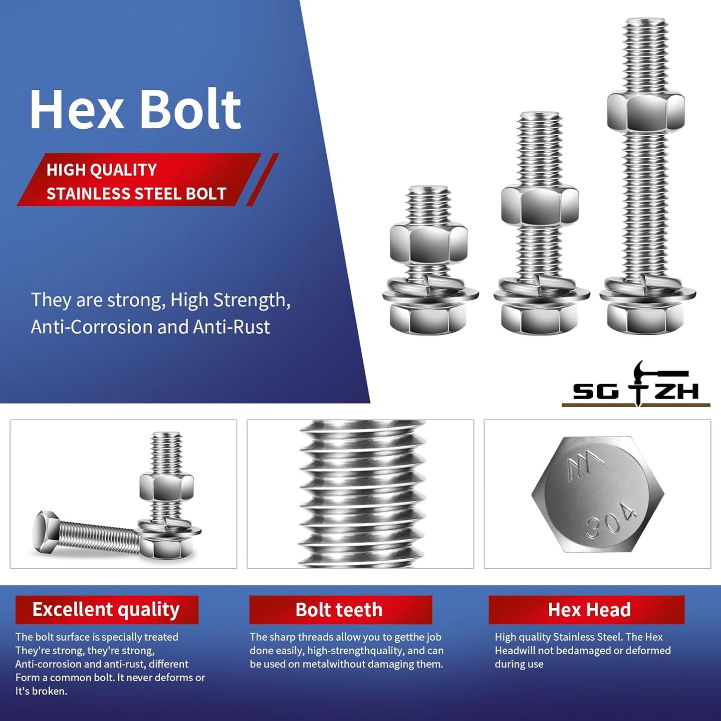 5/16-18 x 5/8" Hex Head Screw Bolt, Nuts, Flat & Lock Washers, 10Pcs 18-8 (304) Stainless Steel, Fully Threaded, by SG TZH