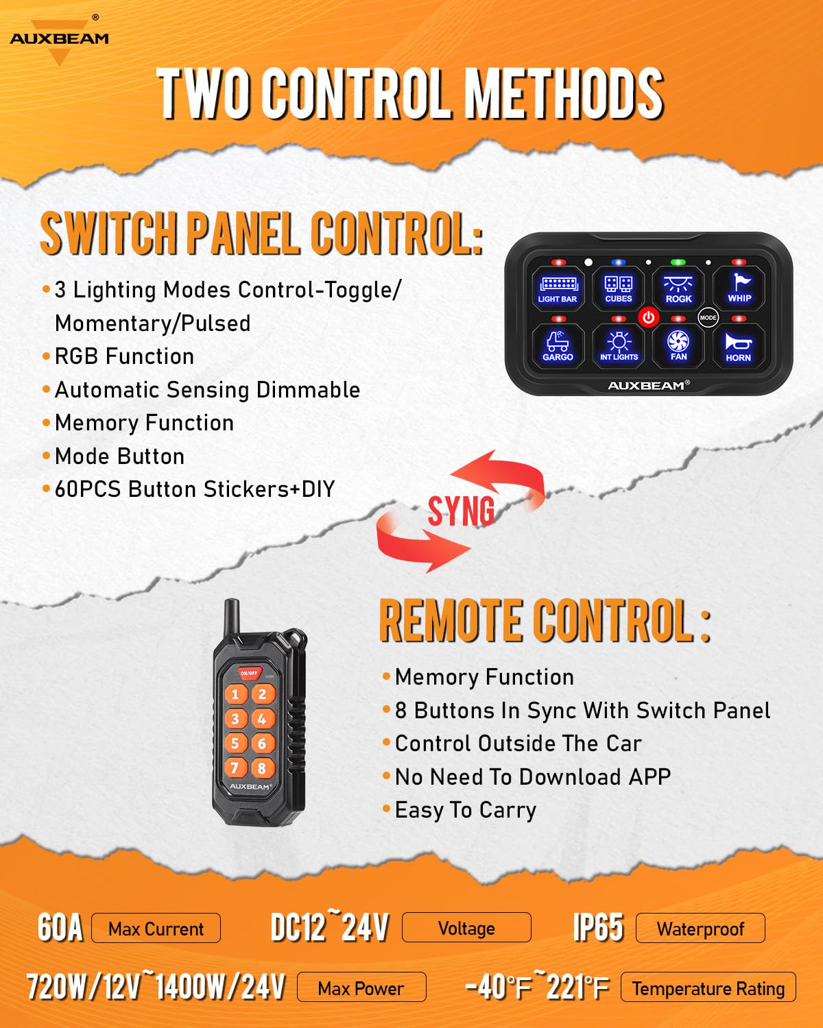 Auxbeam RC800 8 Gang Switch Panel RA84 RGB Wireless Remote Control Up to 165FT Range Automotive Switch Pod Featuring 3 Lighting Modes Backlit Off Waterproof for Car Boat Truck RV 2-Year Warranty