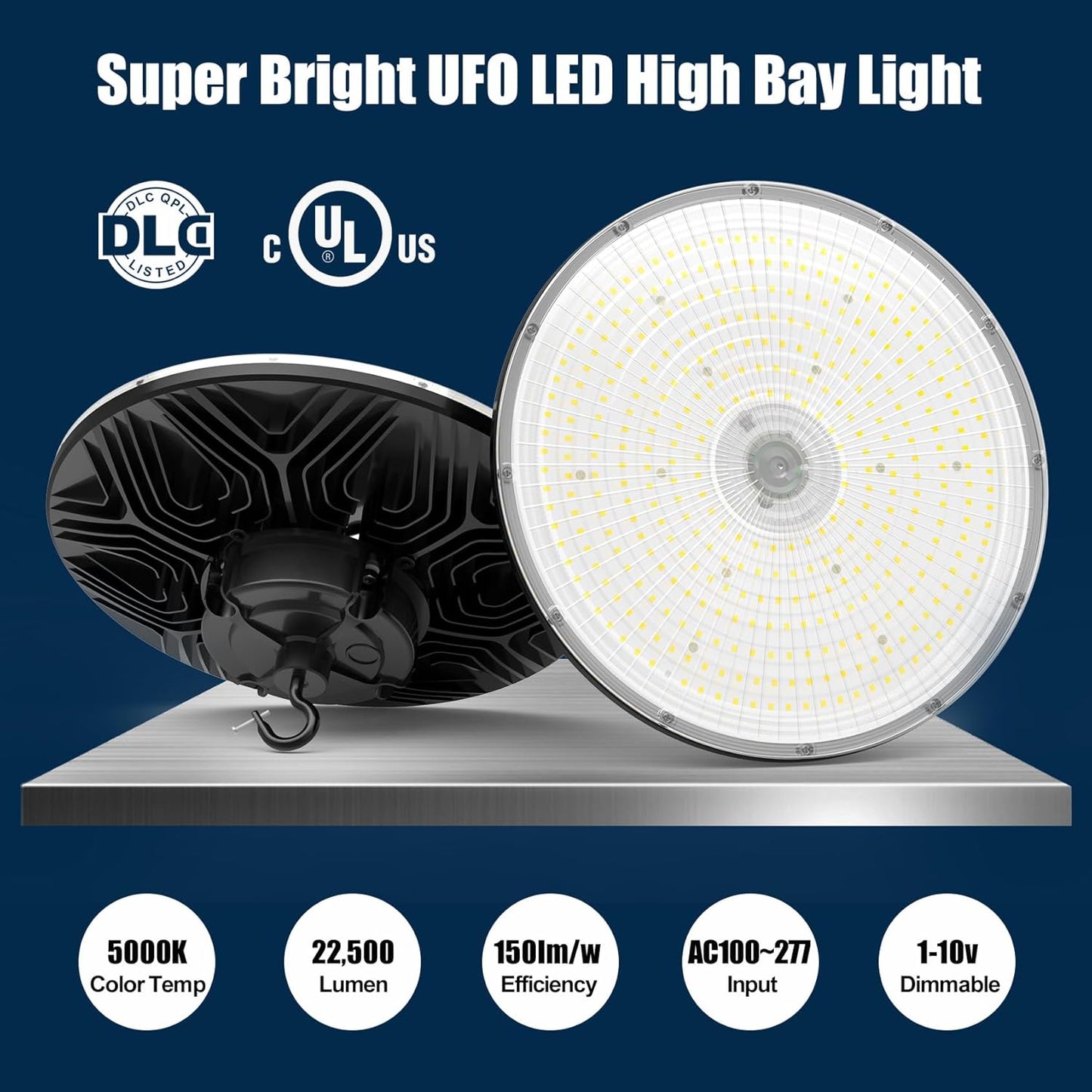 BBESTLED 150W LED UFO Baylight 21000 Lumens IP65 Waterproof Dimmable LED Work Bench Light for Workshop Gym Car Garage, Warehouse Light Low Bay Commercial Ceiling Lighting AC100-277V Input