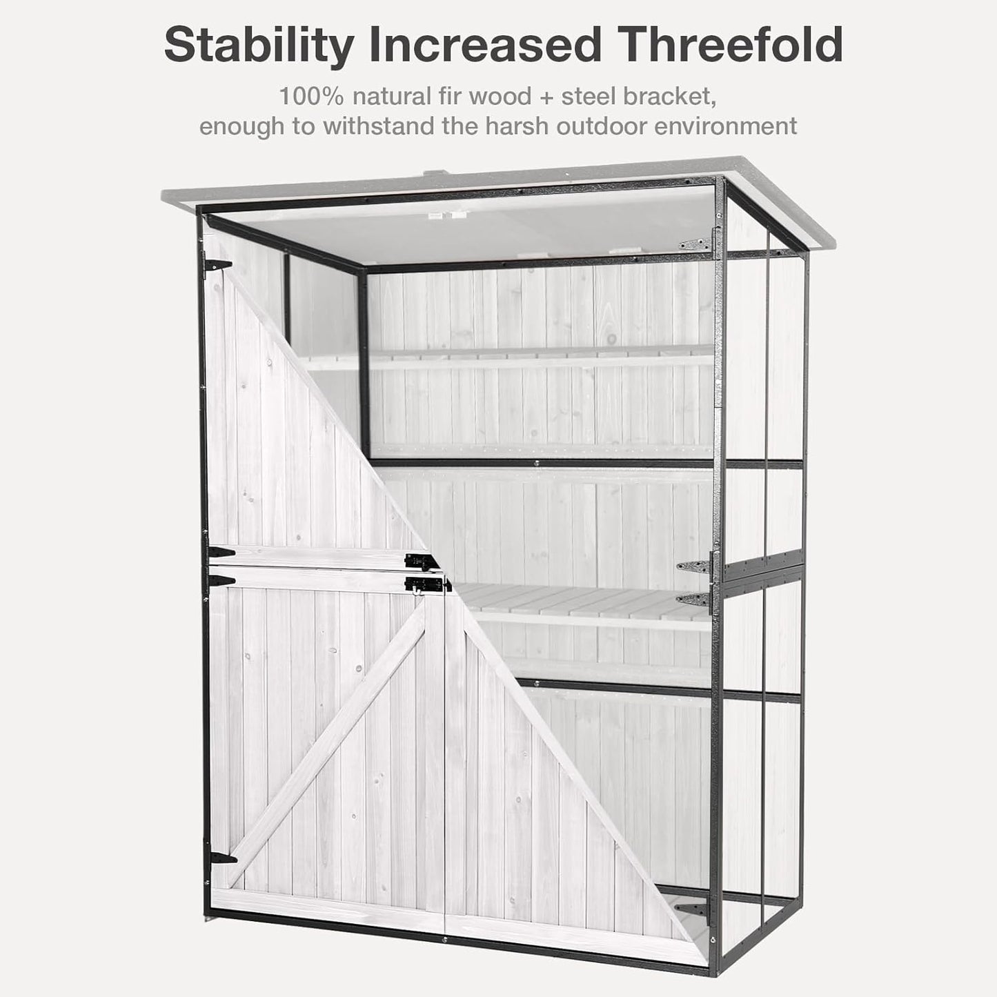 Outdoor Storage Shed with Floor - Waterproof Natural Fir Cabinet with Adjustable Shelves and Double Lock for Anti-Theft - Suitable for Storing Garden Tools and Household Debris (White)