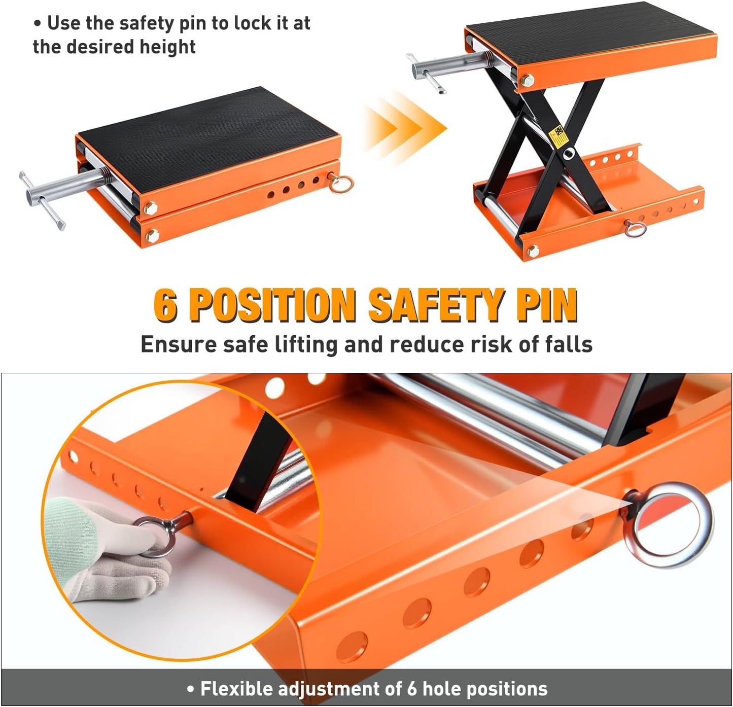 Nilight Motorcycle Lift Jack 1100 LBS Scissor Jacks Stand Lift with Wide Deck Safety Pin Handle 3.4"-14.2" Height Adjustable Hoist Stand Garage Repair Lifter for Motorcycles ATV Dirt Bike, Orange