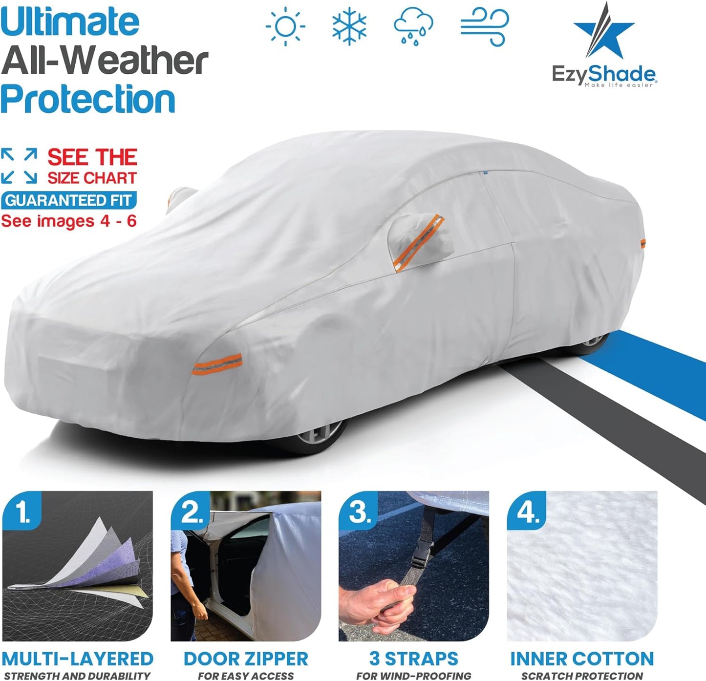EzyShade 10-Layer Car Cover Waterproof All Weather. See Vehicle Size-Chart for Accurate Fit. Outdoor Full Exterior Covers for Automobiles Sedan Hatch SUV Rain Sun Protection. Size A3 (See SizeChart)