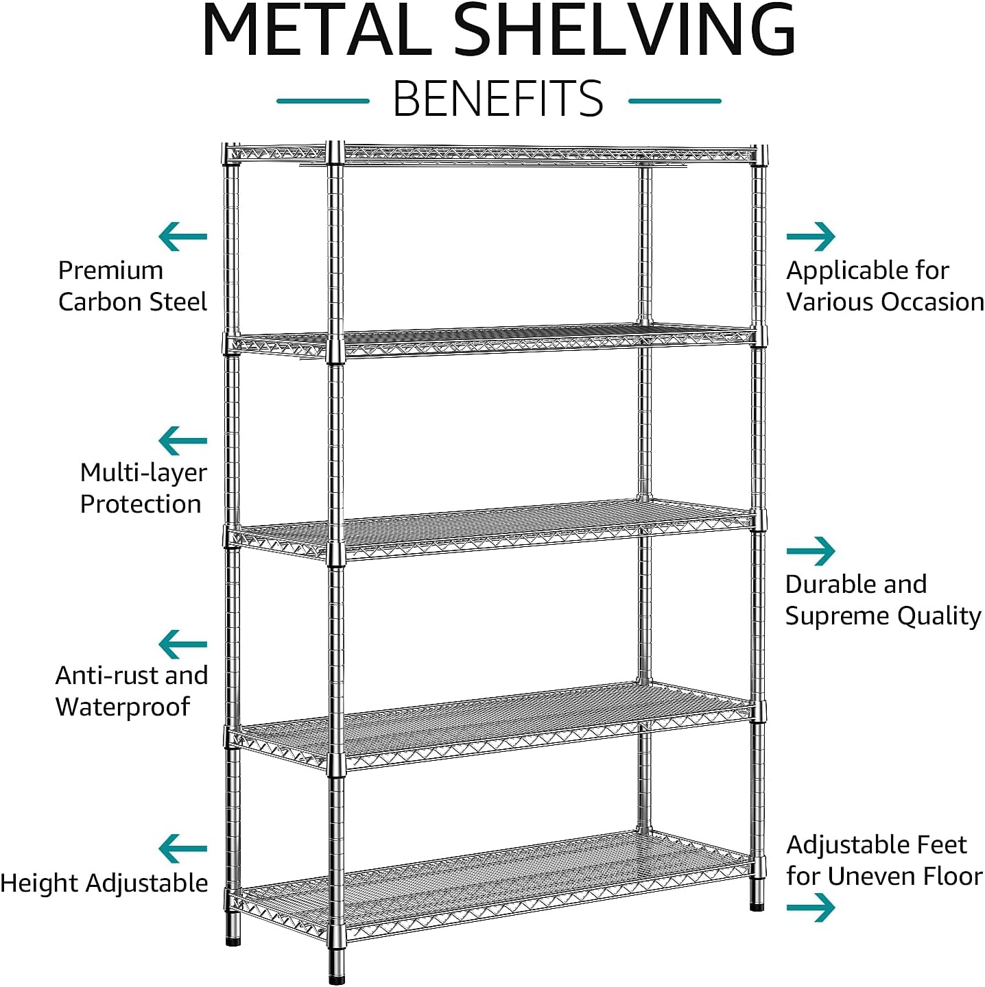 IZEUK 3300 LBS Garage Shelving Wide Storage Shelves 5 Tier Metal Shelves Heavy Duty Adjustable Utility Shelf Rack Chrome 17.7" D x 59.1" W x 70.4" H