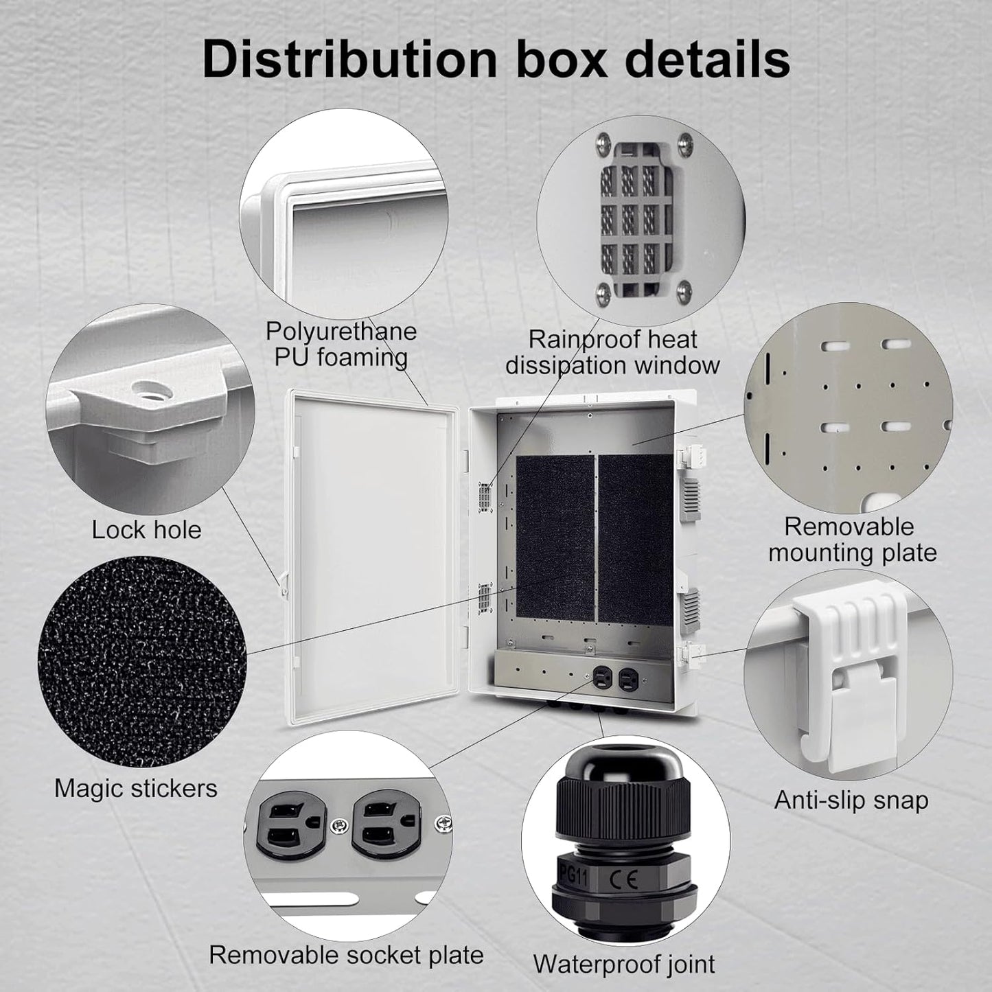 Outdoor Electrical Junction Box with High Power Outlet, ABS Water Resistant Enclosure with Internal Mounting Panel & Hinged Cover. (18.1" H* 12.6" L* 4.3" W & Outlet)