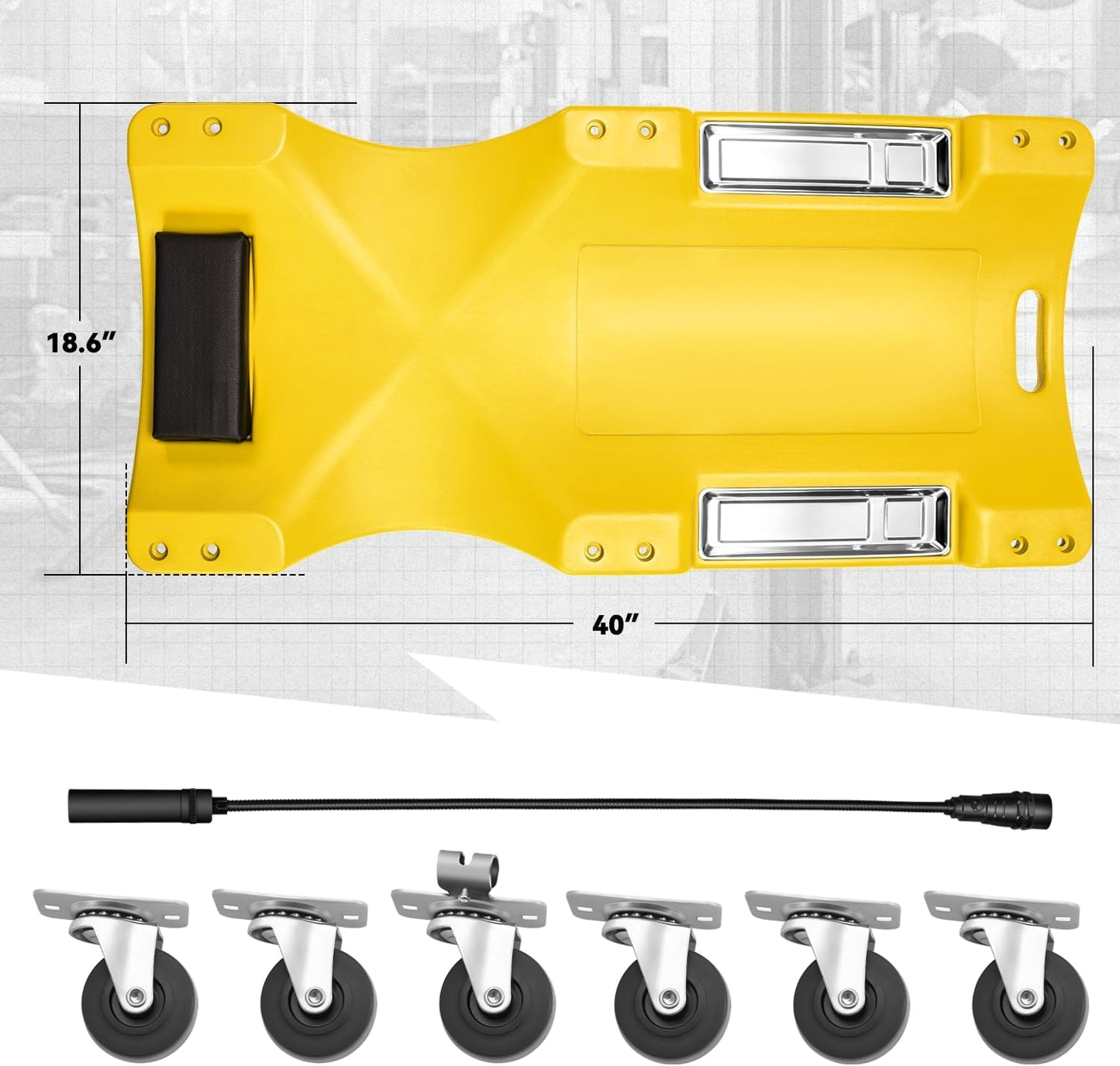 Auto Dynasty 40 Inches Mechanic Creeper, Automotive Garage Repair Low Profile Under Car Rolling Creeper with LED Light and Padded Headrest, Plastic, Yellow