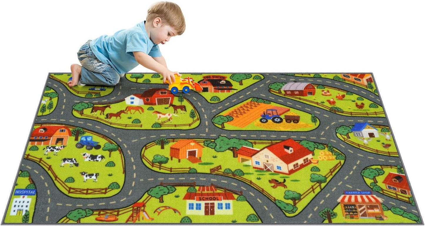 STARUIA 60" x 32" Washable Kids Rug for Playroom, Boys Baby Car Rugs for Kids Toy Cars Have Fun Safely, Educational Farm Road Play Rug Race Track Carpets for Kid Room Bedroom